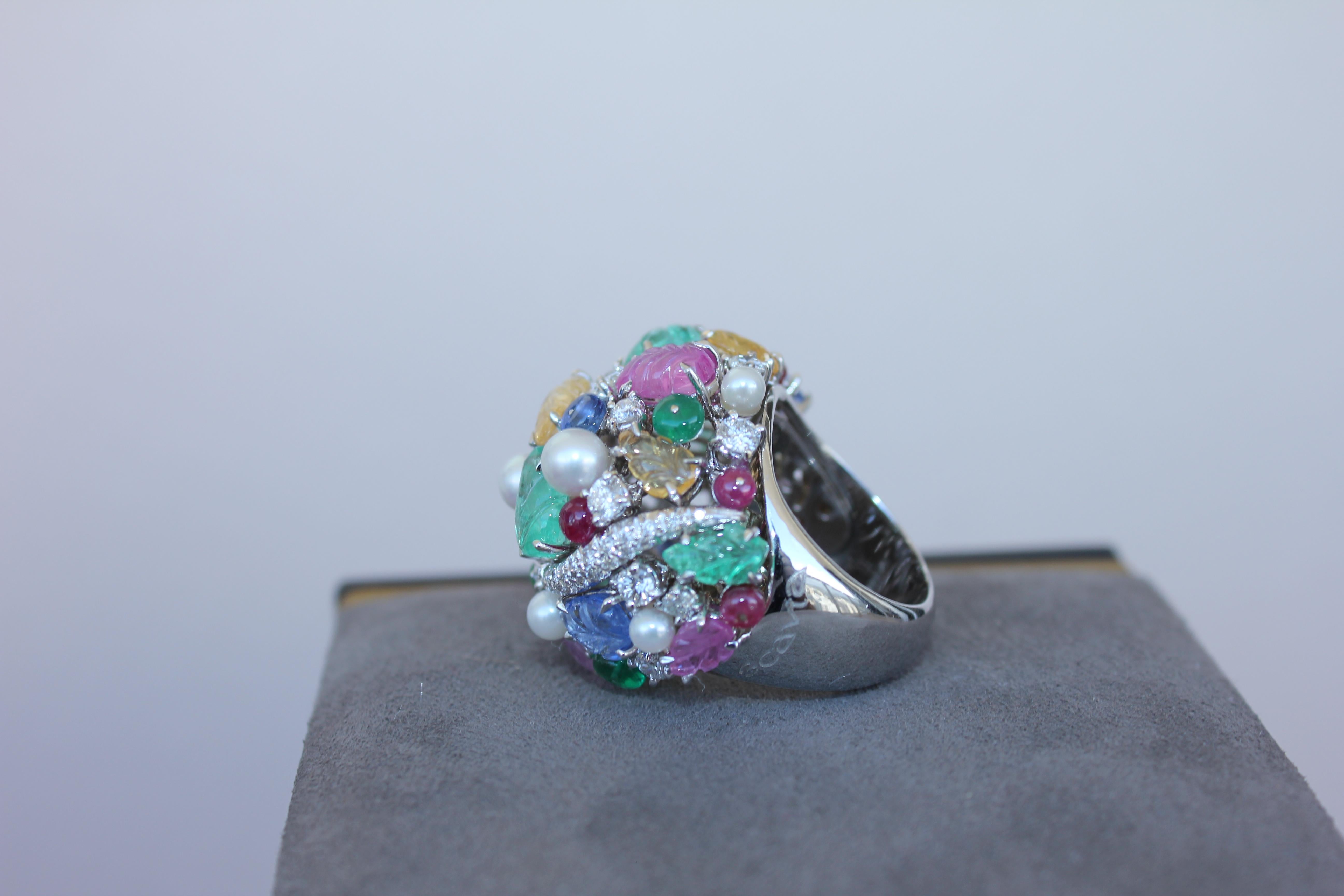 Multi Colors Sapphires Emeralds Ruby Diamond Scavia Unique 18K White Gold Ring For Sale 11