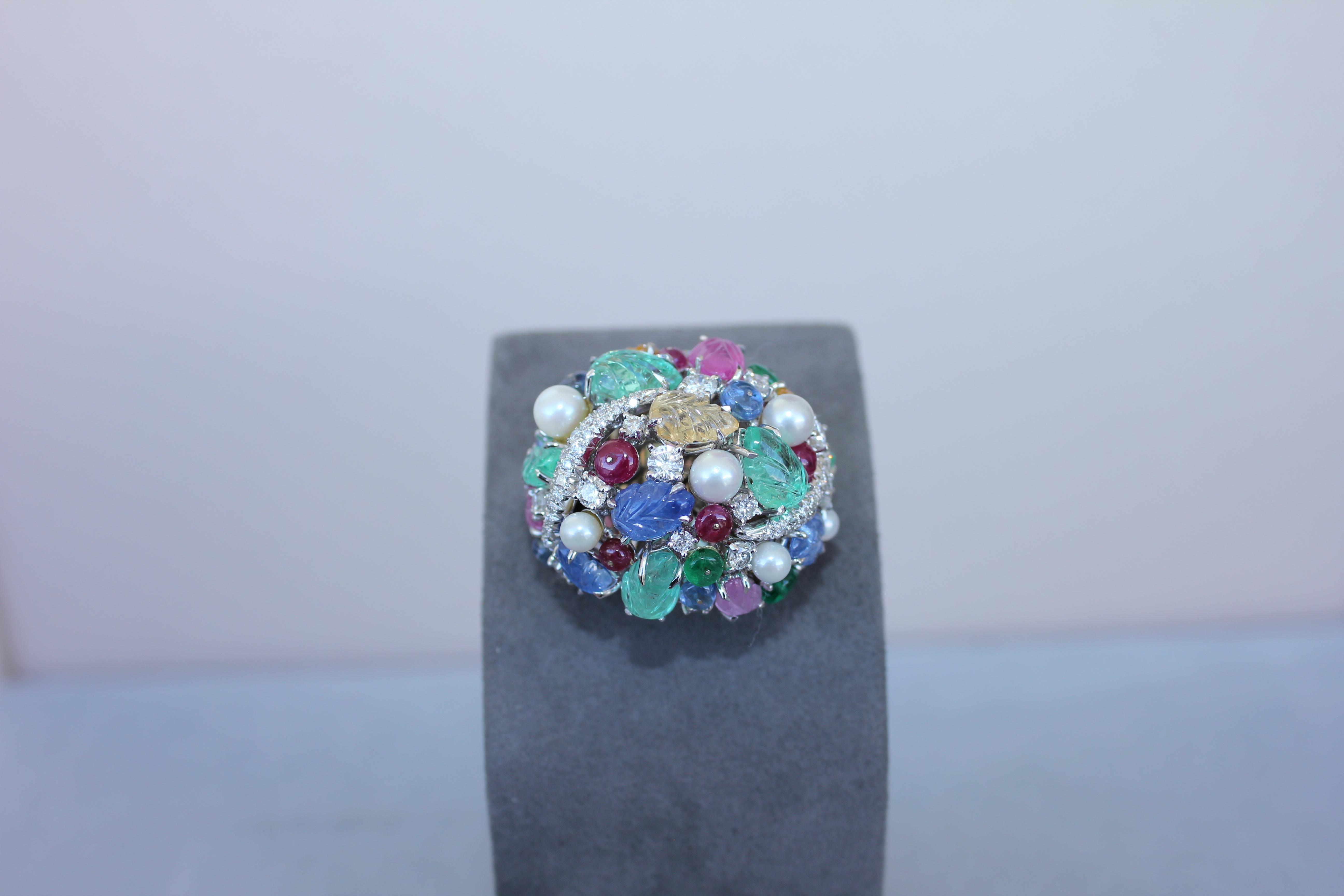 Multi Colors Sapphires Emeralds Ruby Diamond Scavia Unique 18K White Gold Ring For Sale 12