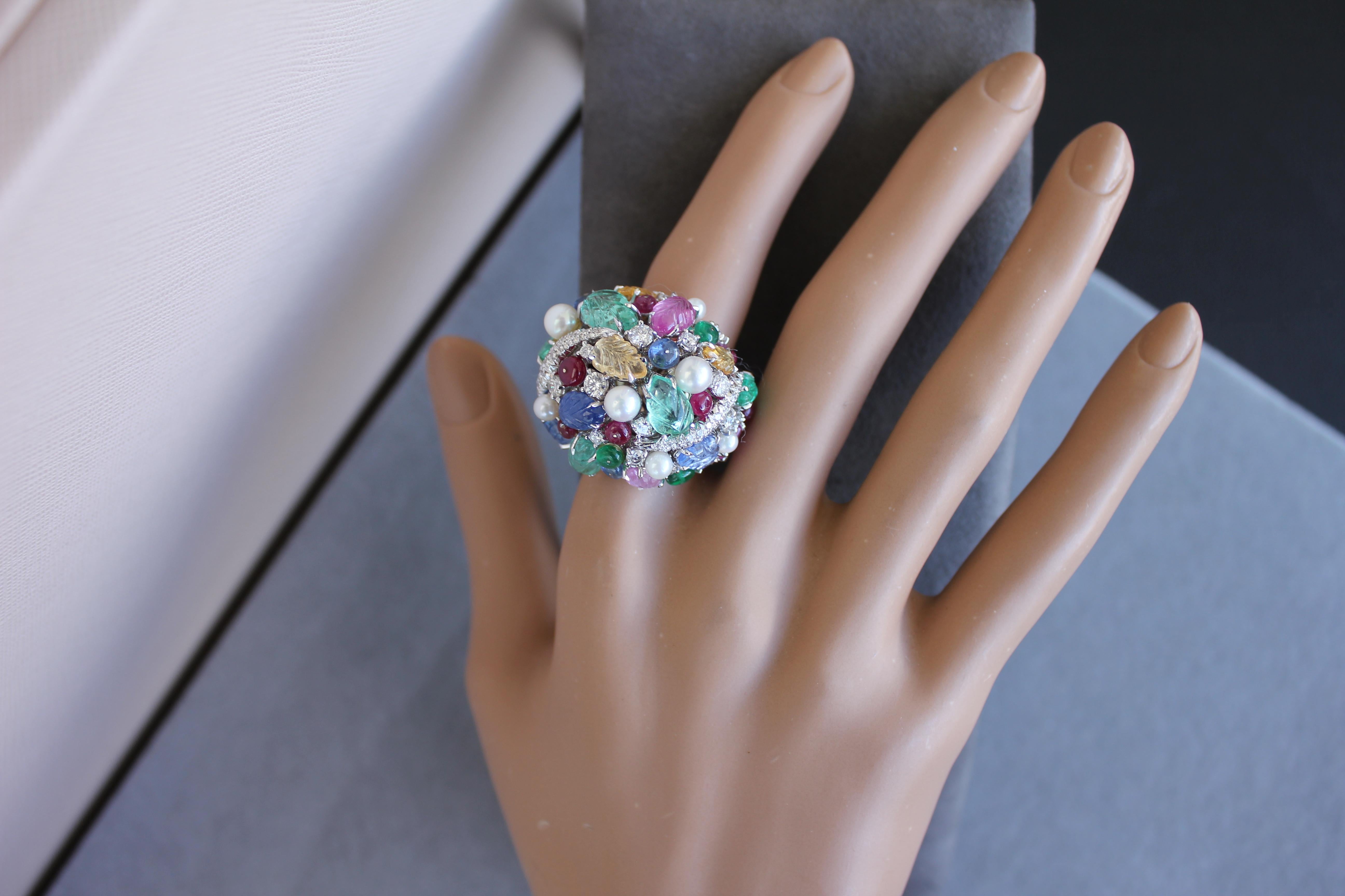 Multi Colors Sapphires Emeralds Ruby Diamond Scavia Unique 18K White Gold Ring For Sale 13