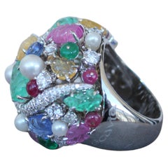 Multi Colores Zafiros Esmeraldas Rubí Diamante Escavia Único Anillo Oro Blanco 18K