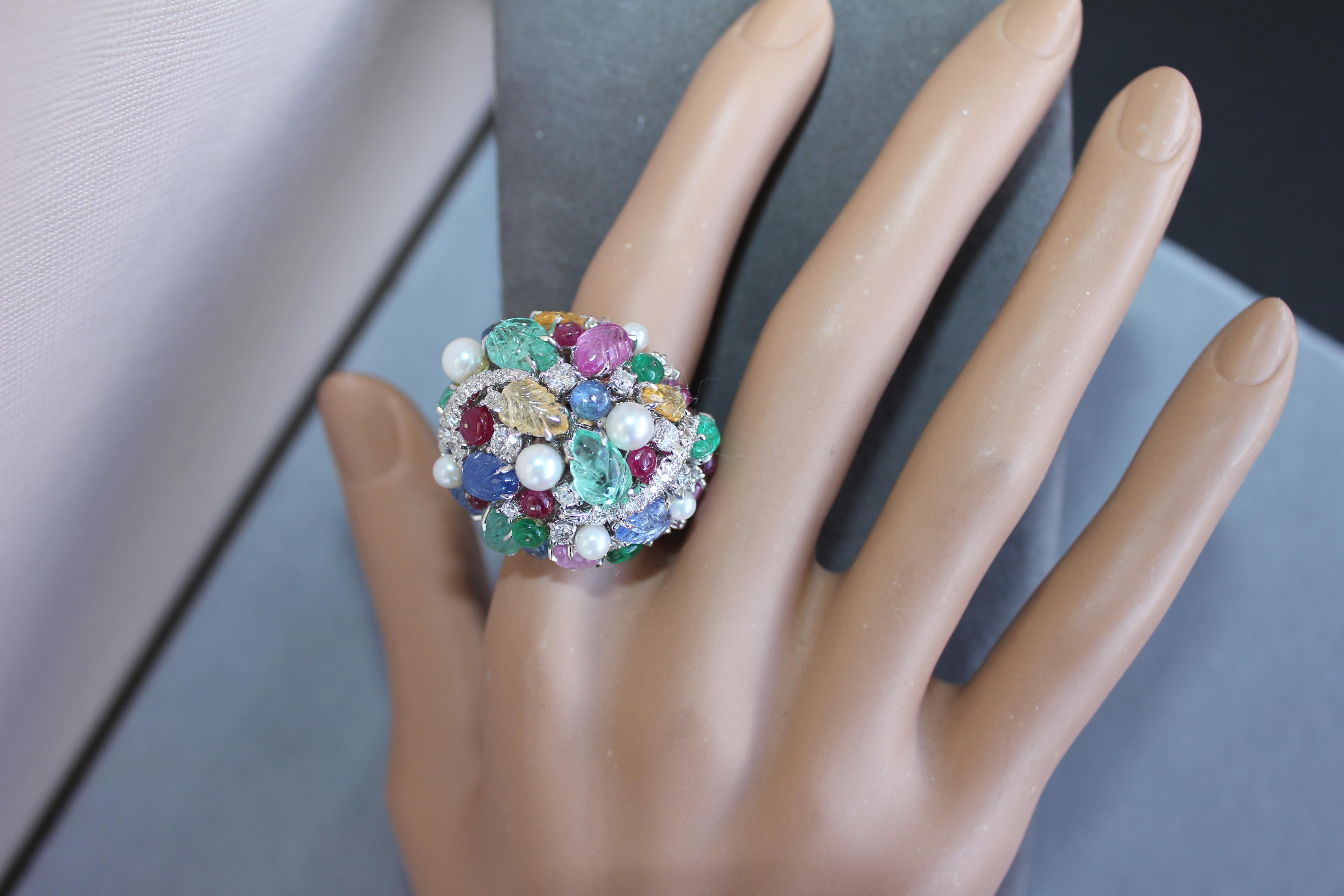 Multi Colors Sapphires Emeralds Ruby Diamond Scavia Unique 18K White Gold Ring For Sale 14