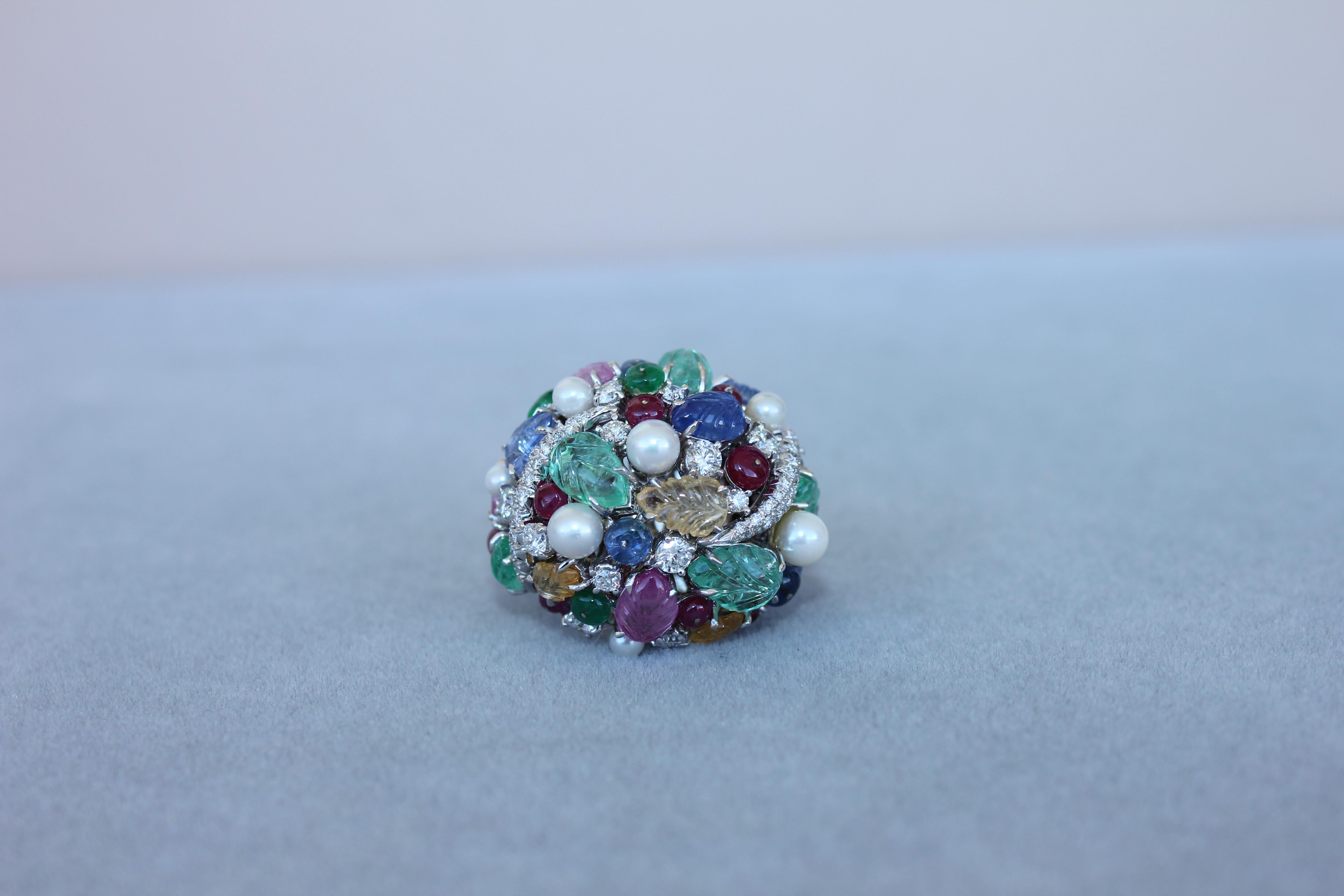 Modern Multi Colors Sapphires Emeralds Ruby Diamond Scavia Unique 18K White Gold Ring For Sale