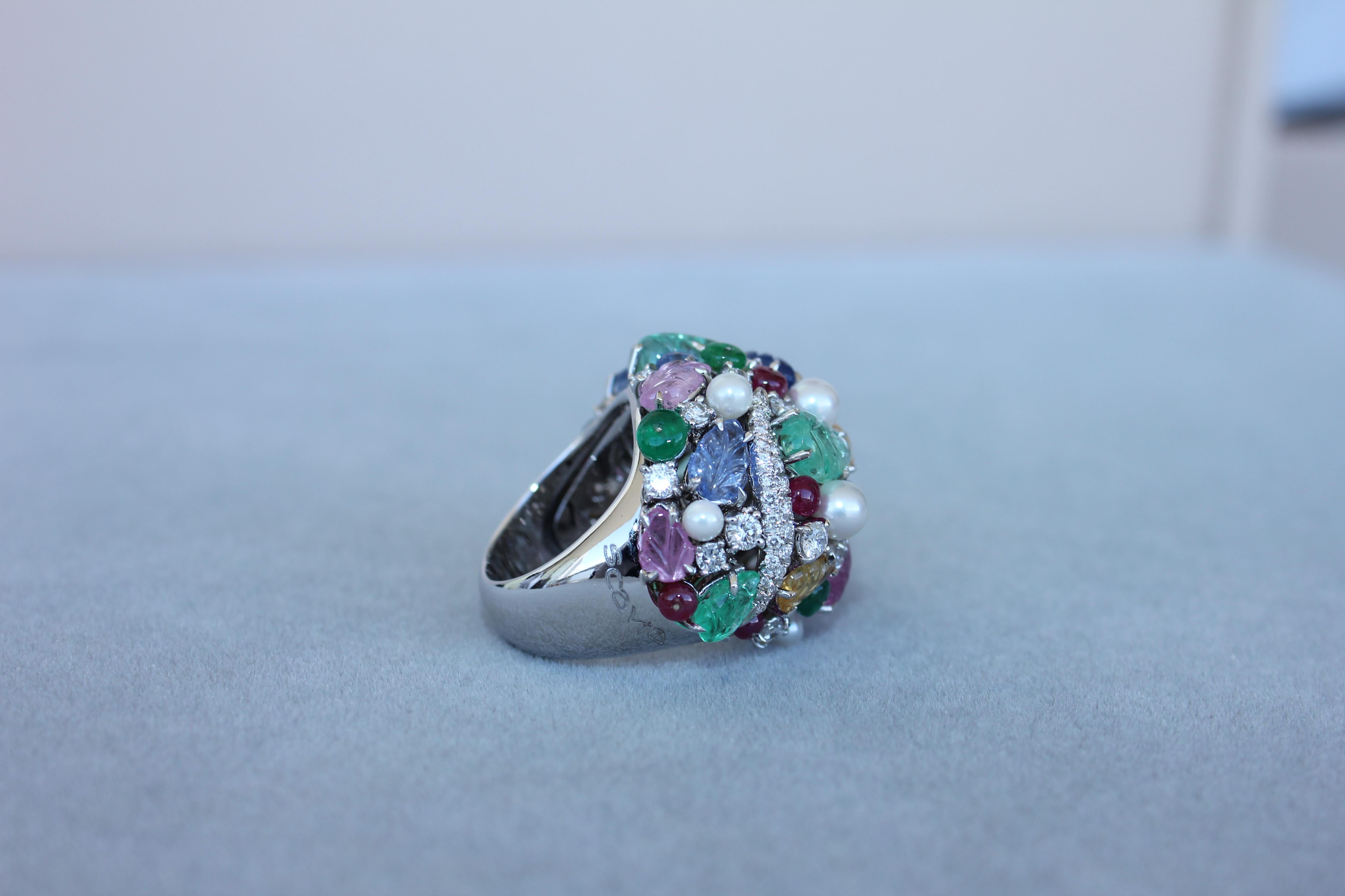 Cabochon Multi Colors Sapphires Emeralds Ruby Diamond Scavia Unique 18K White Gold Ring For Sale