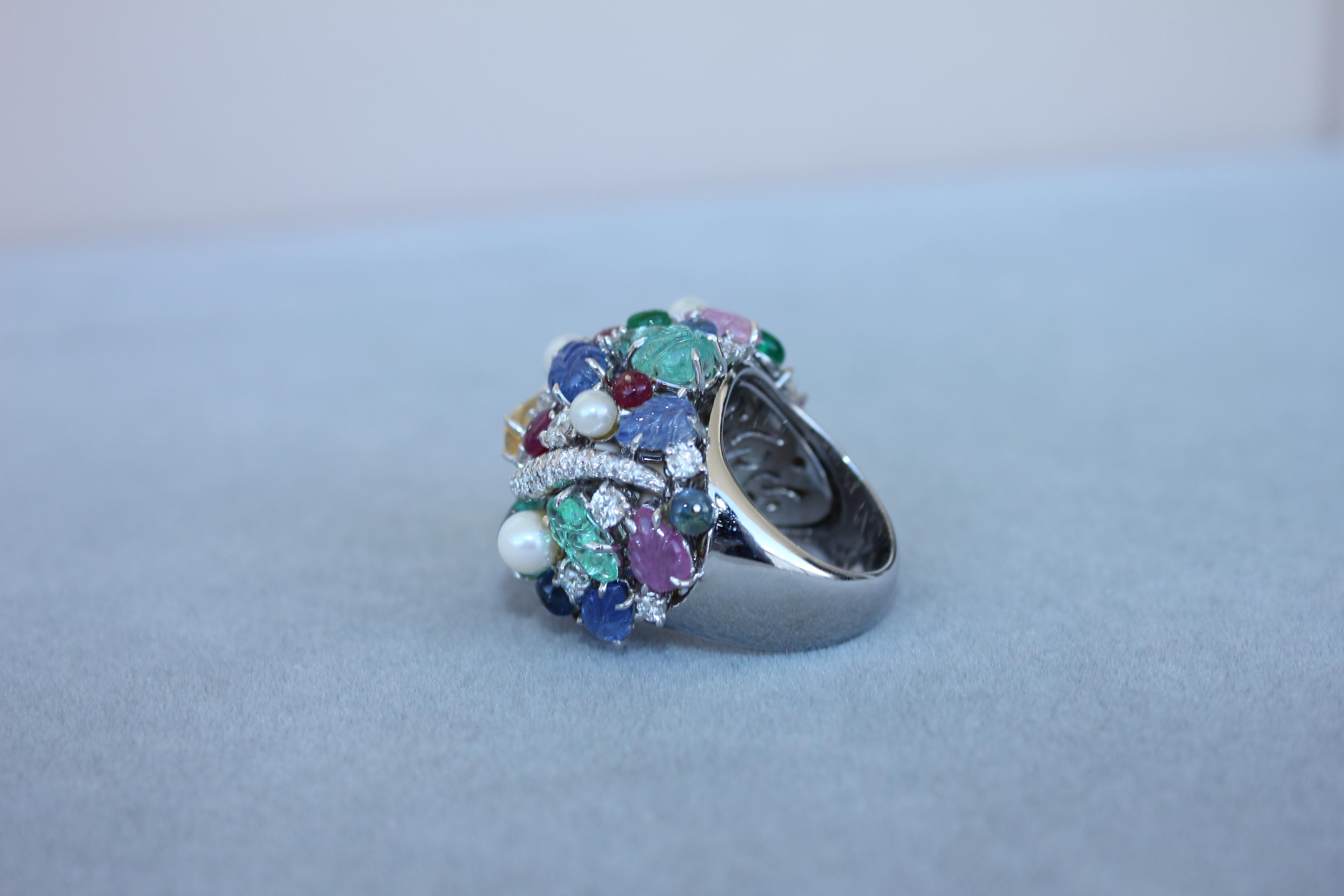 Women's Multi Colors Sapphires Emeralds Ruby Diamond Scavia Unique 18K White Gold Ring For Sale