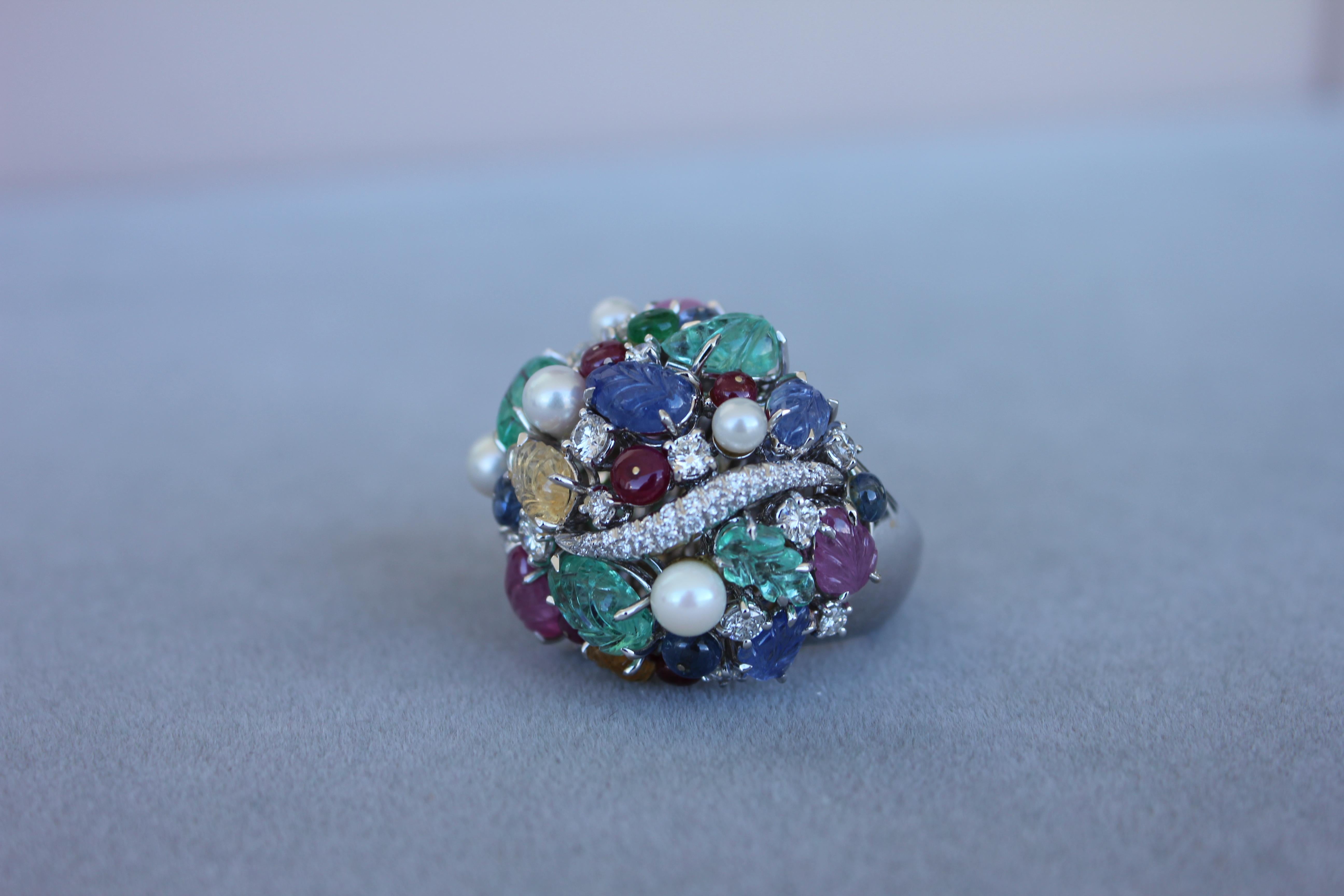 Multi Colors Sapphires Emeralds Ruby Diamond Scavia Unique 18K White Gold Ring For Sale 1