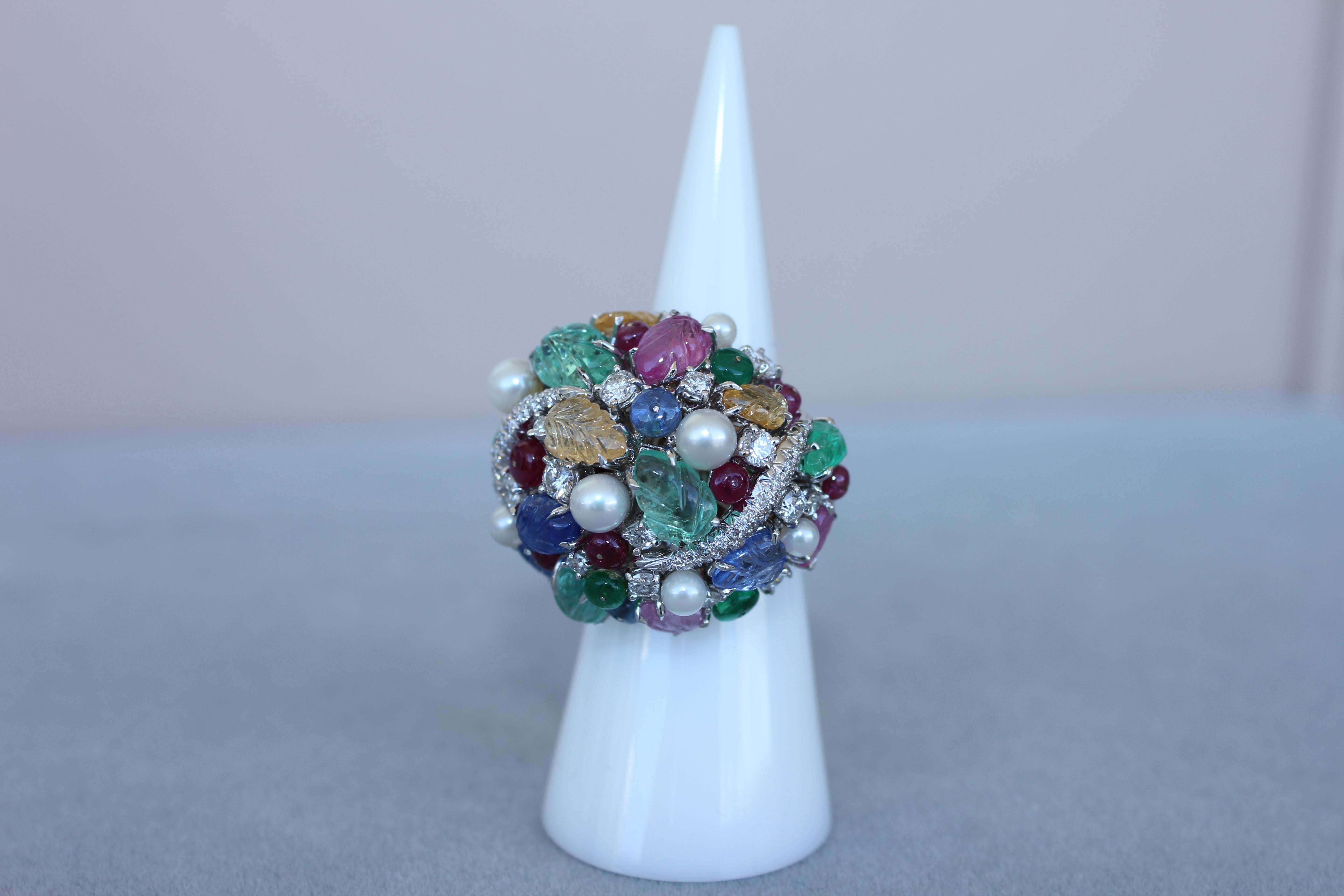 Multi Colors Sapphires Emeralds Ruby Diamond Scavia Unique 18K White Gold Ring For Sale 3