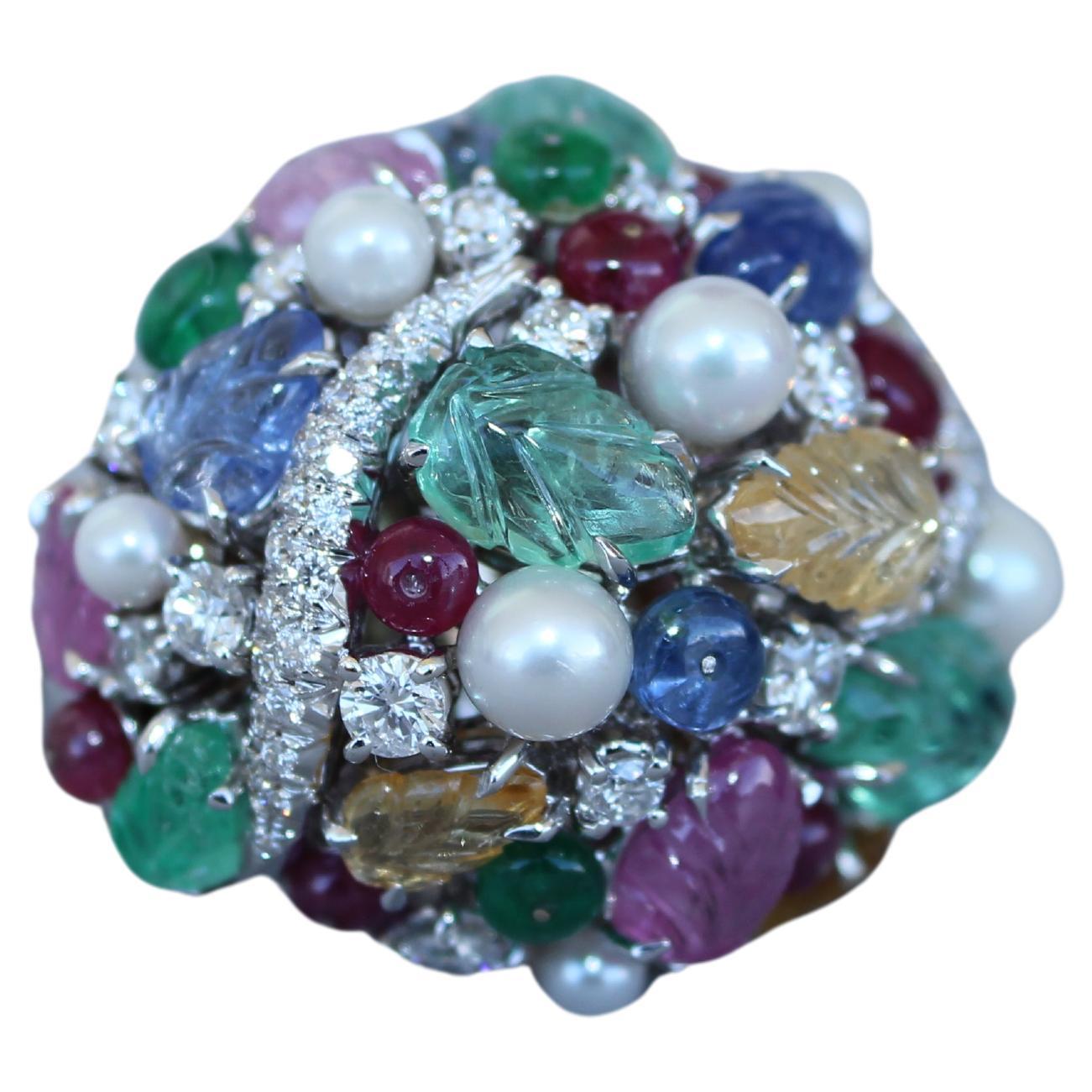 Multi Colors Sapphires Emeralds Ruby Diamond Scavia Unique 18K White Gold Ring