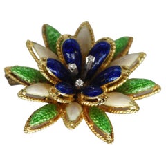 Multi Color Enamel Brooch in 18 Karat Yellow Gold with Diamonds