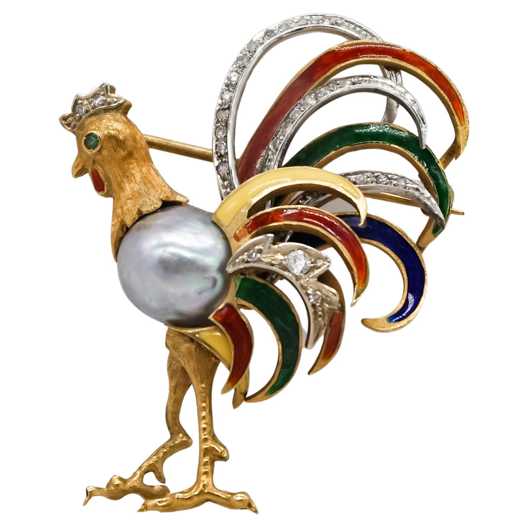 Multi Colour Enamel "Coq" Brooch in 18 Karat Gold, a Baroque Pearl and Diamonds
