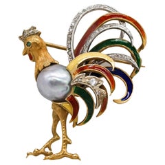 pearl onyx chicken Multi Colour Enamel "Coq" Brooch in 18 Karat Gold, a Baroque Pearl and Diamonds