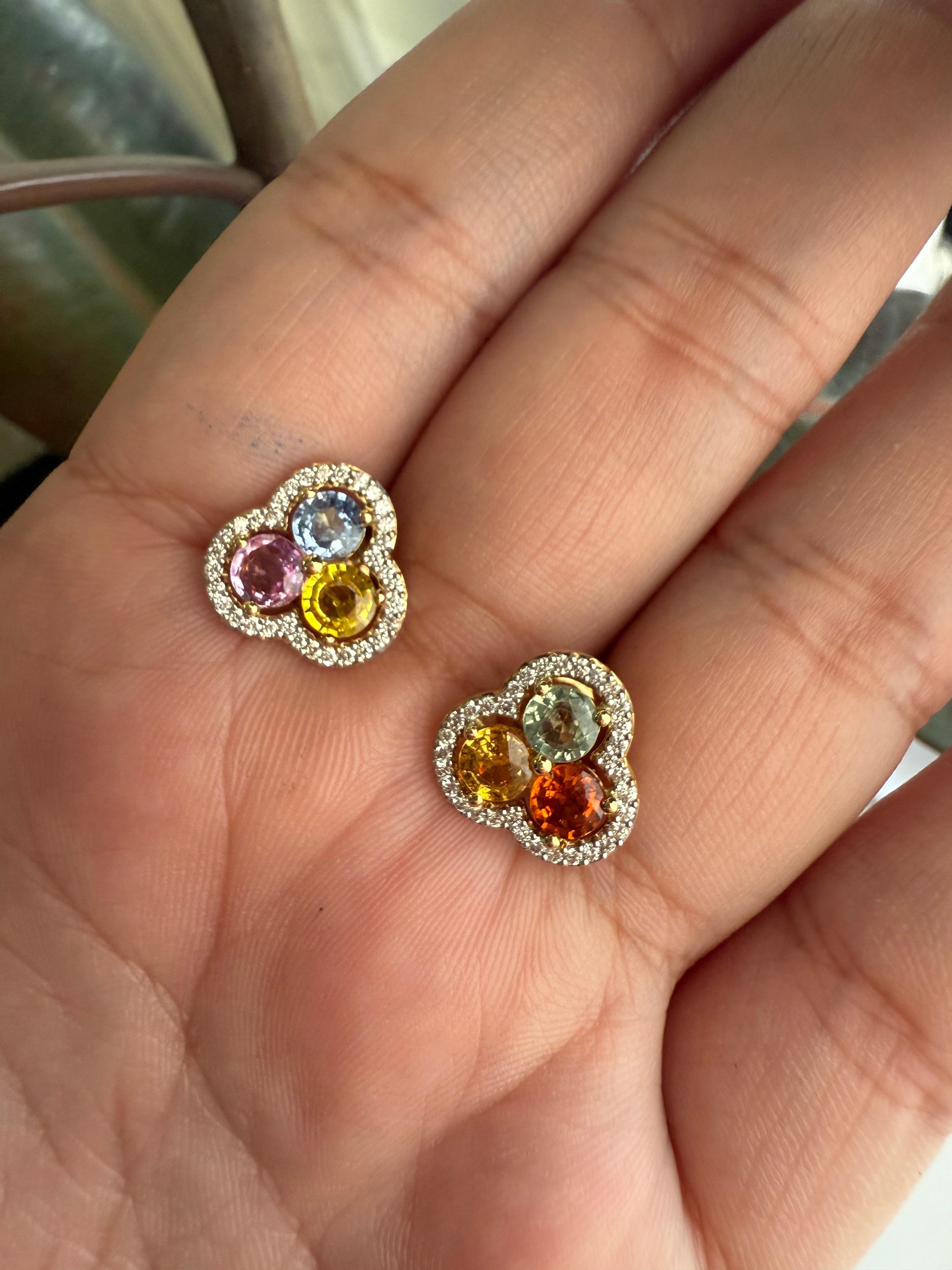 Single Cut Multi Colour Sapphire Earring Studs with Diamonds in 18K Yellow Gold For Sale