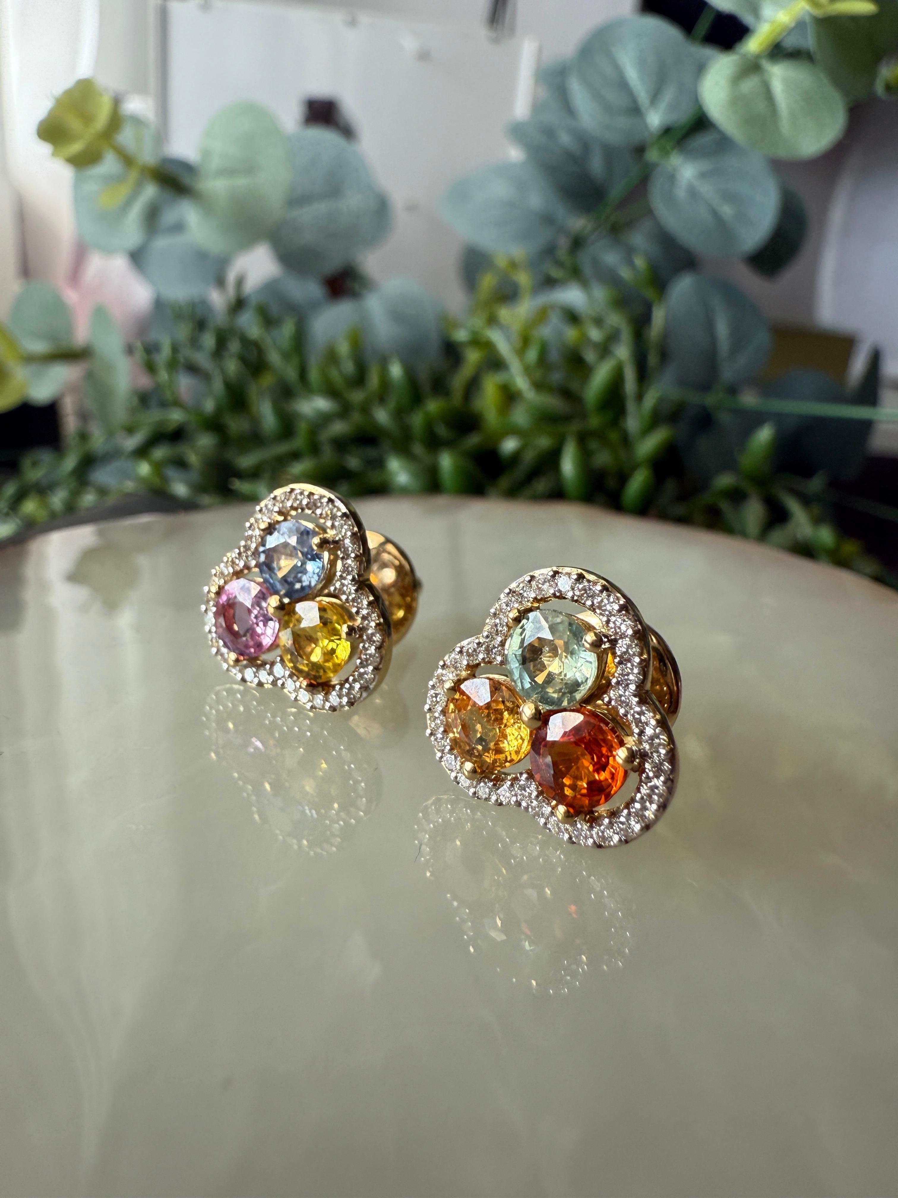 Women's Multi Colour Sapphire Earring Studs with Diamonds in 18K Yellow Gold For Sale