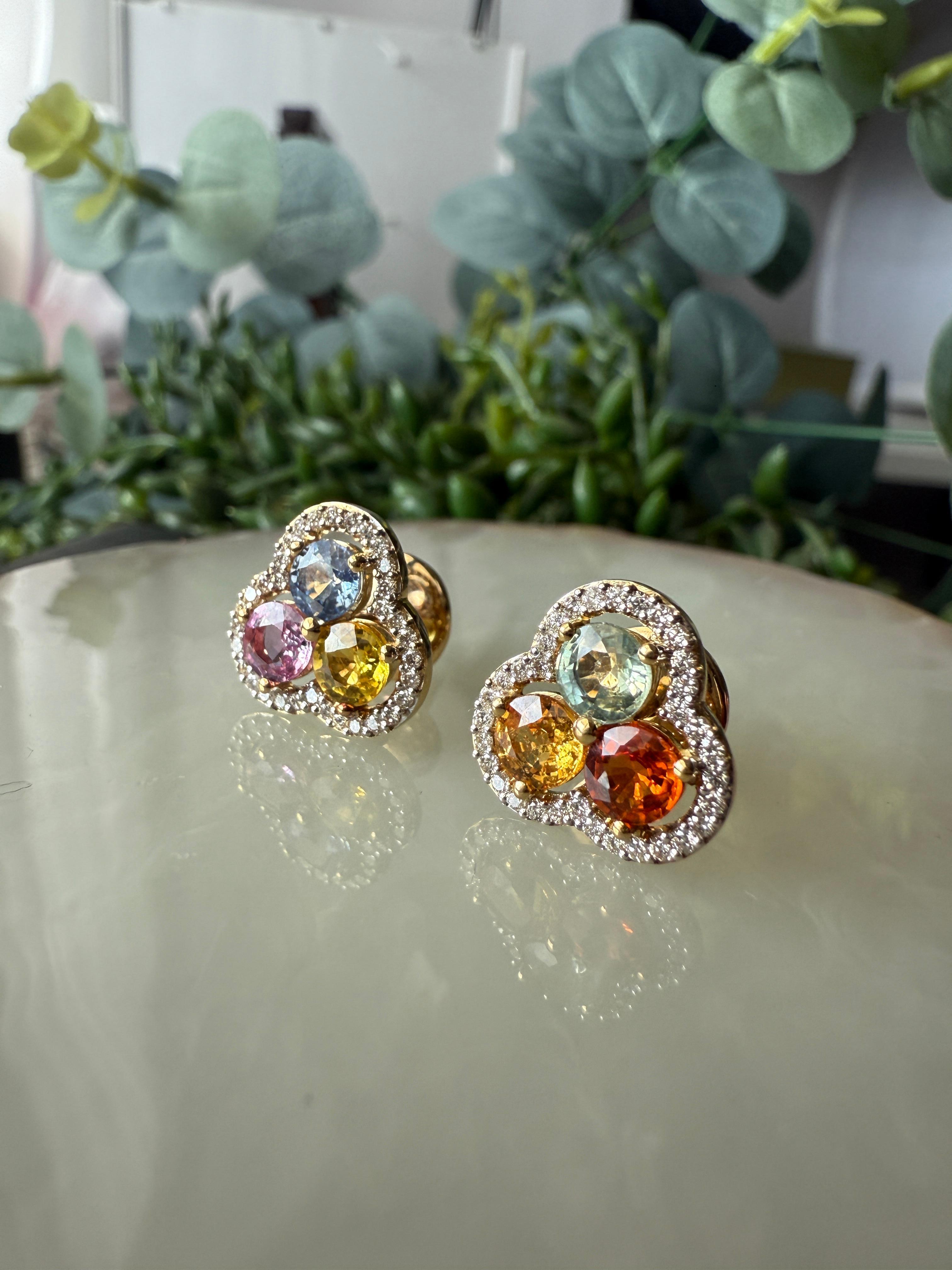 Multi Colour Sapphire Earring Studs with Diamonds in 18K Yellow Gold For Sale 1