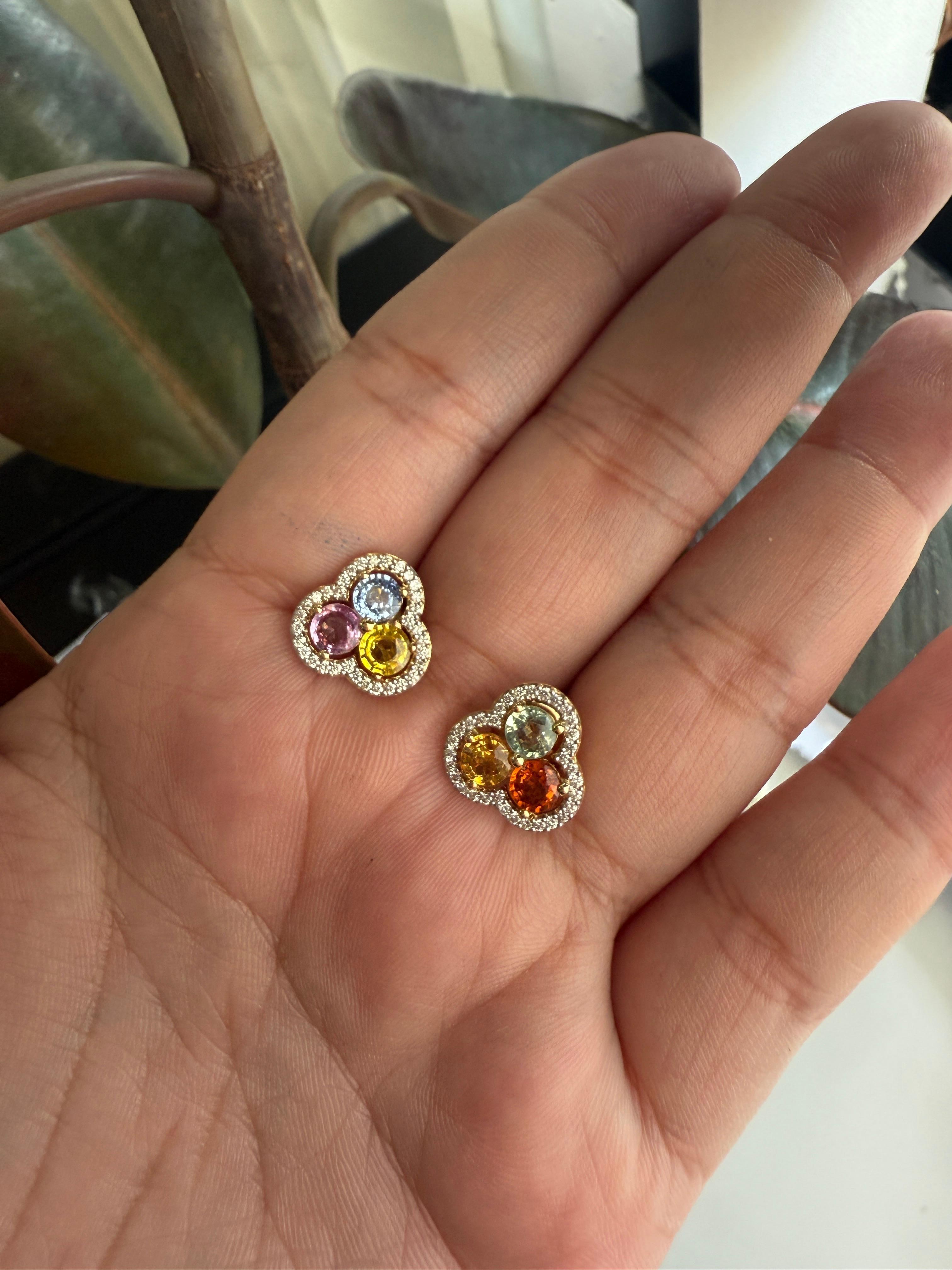 Multi Colour Sapphire Earring Studs with Diamonds in 18K Yellow Gold For Sale 2