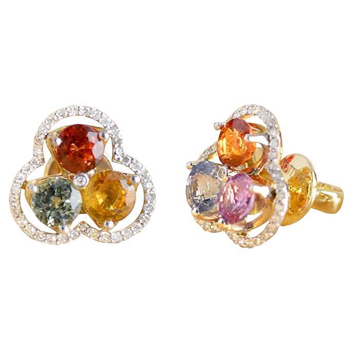 Multi Colour Sapphire Earring Studs with Diamonds in 18K Yellow Gold For Sale