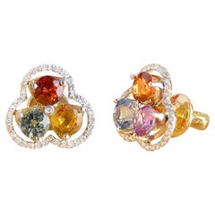 Multi Colour Sapphire Earring Studs with Diamonds in 18K Yellow Gold