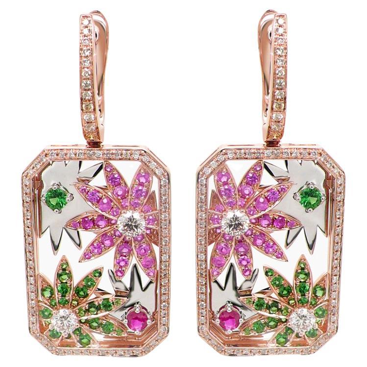 Multi-Colour Sapphire & Fancy Diamond Flower Floral 18K Rose Gold Earrings For Sale