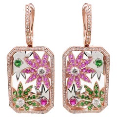 Multi-Colour Sapphire & Fancy Diamond Flower Floral 18K Rose Gold Earrings