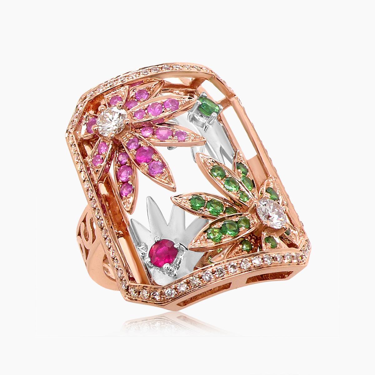 Mehrfarbiger Saphir-Rubin-Diamant-Blumenring aus 18 Karat Roségold (Gemischter Schliff) im Angebot