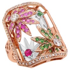 Mehrfarbiger Saphir-Rubin-Diamant-Blumenring aus 18 Karat Roségold