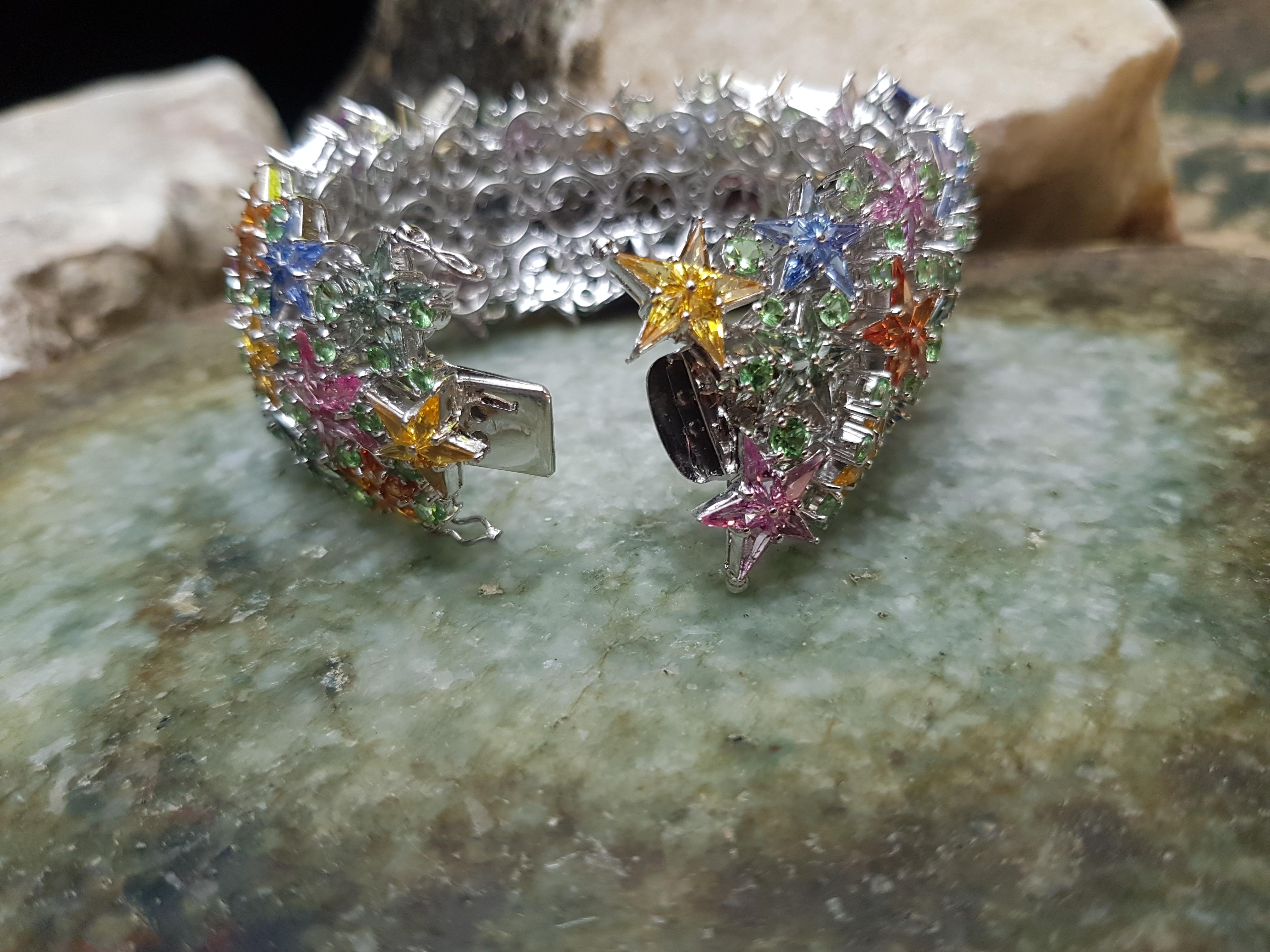 Multi Colour Sapphire with Tsavorite Star Bracelet in 18 Karat White Gold For Sale 2