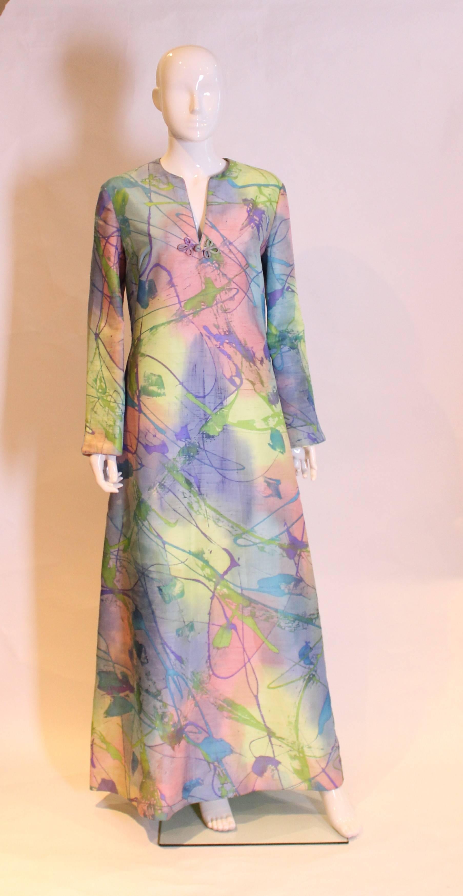 A great dress for Summer, in a multitude of colours. This silk kaftan dress is fully lined and hangs beautifuly , and has a pocket on either side.