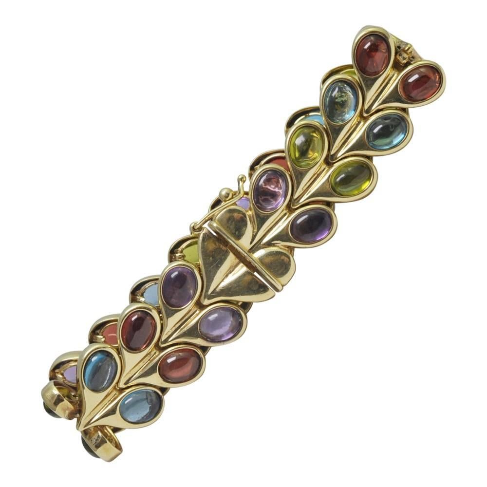 Multicolored Cabochon Gemstone Gold Bracelet For Sale