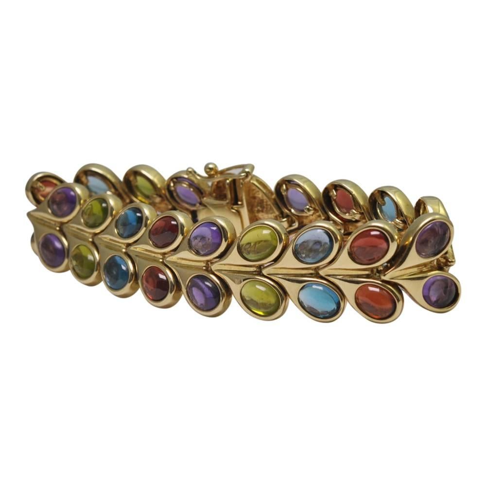 Multicolored Cabochon Gemstone Gold Bracelet For Sale 1