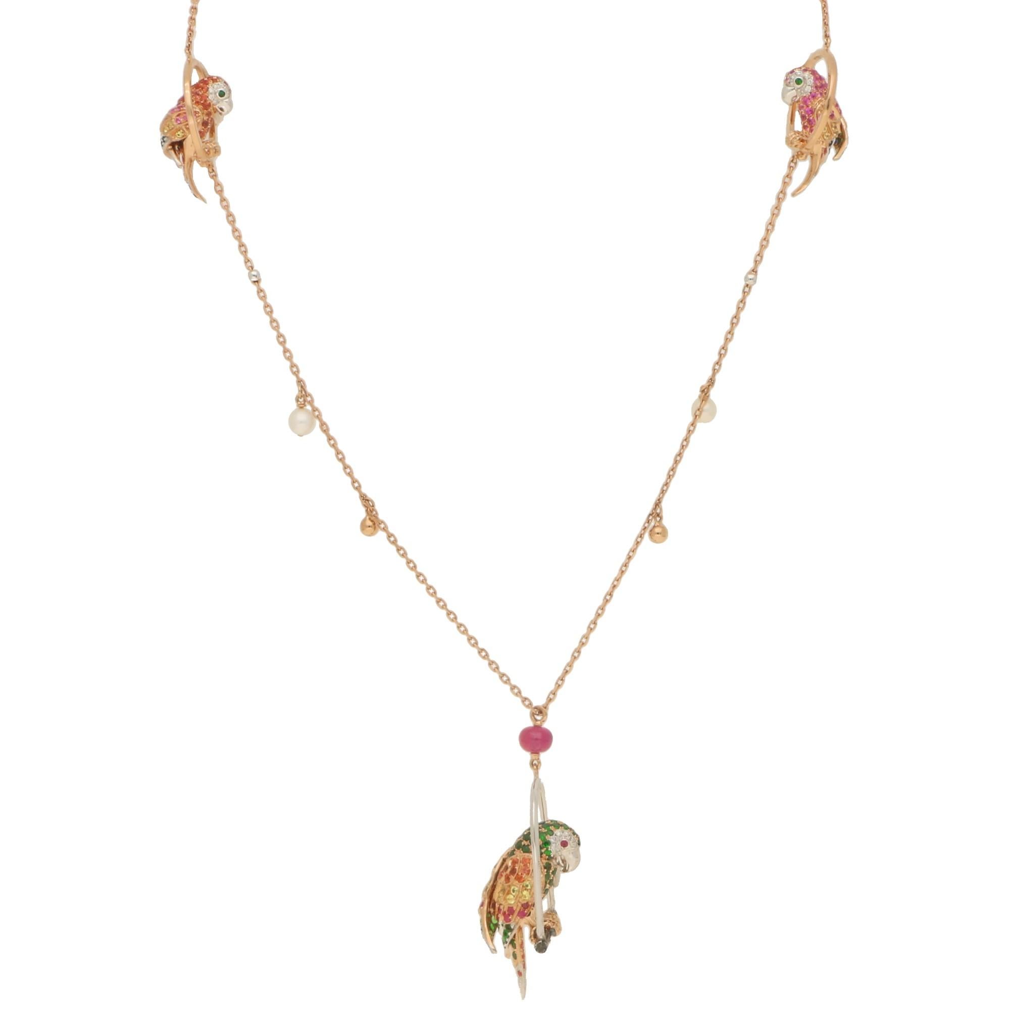 Modern Multi-Colored Garnet, Sapphire and Diamond Parrot Necklace Set in 18 Karat Gold