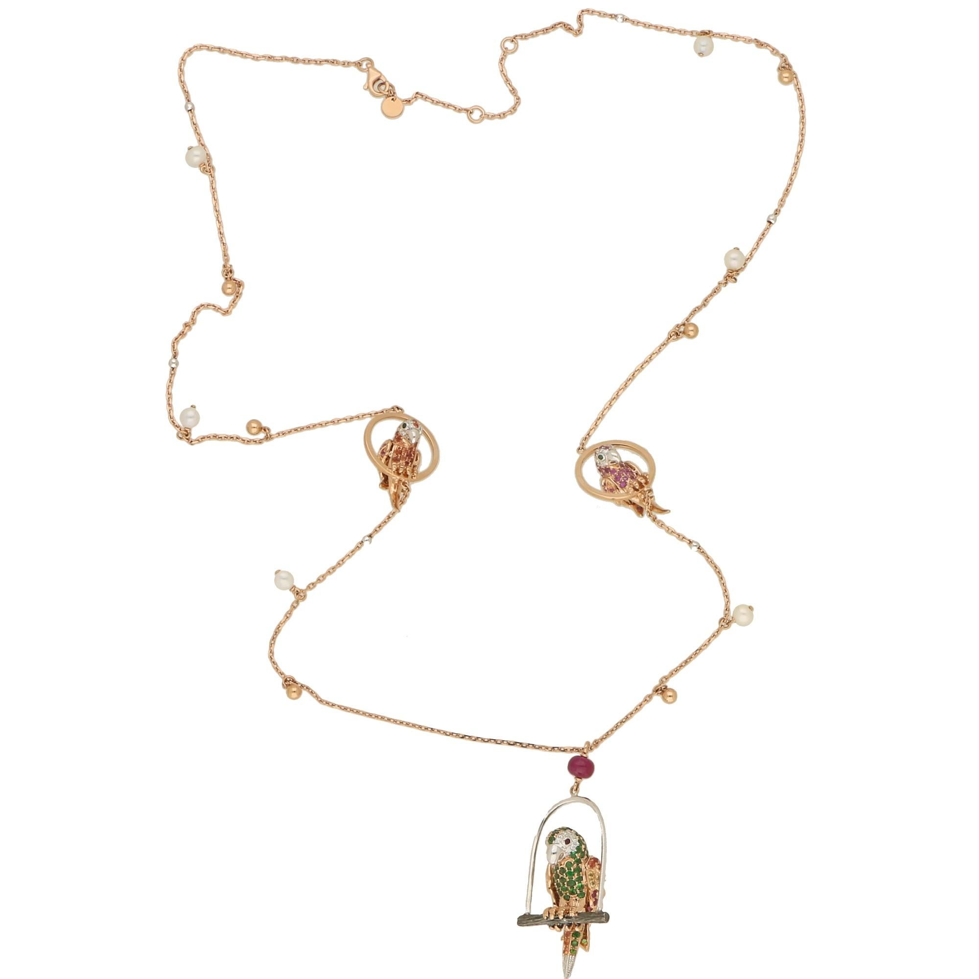 Women's or Men's Multi-Colored Garnet, Sapphire and Diamond Parrot Necklace Set in 18 Karat Gold