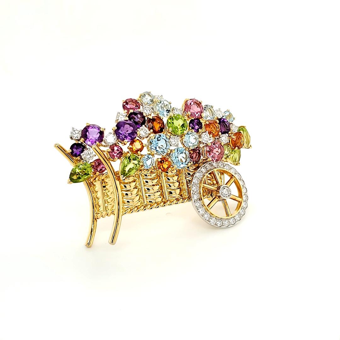 Contemporary Multicolored Gemstones and Diamond Gold Brooch For Sale