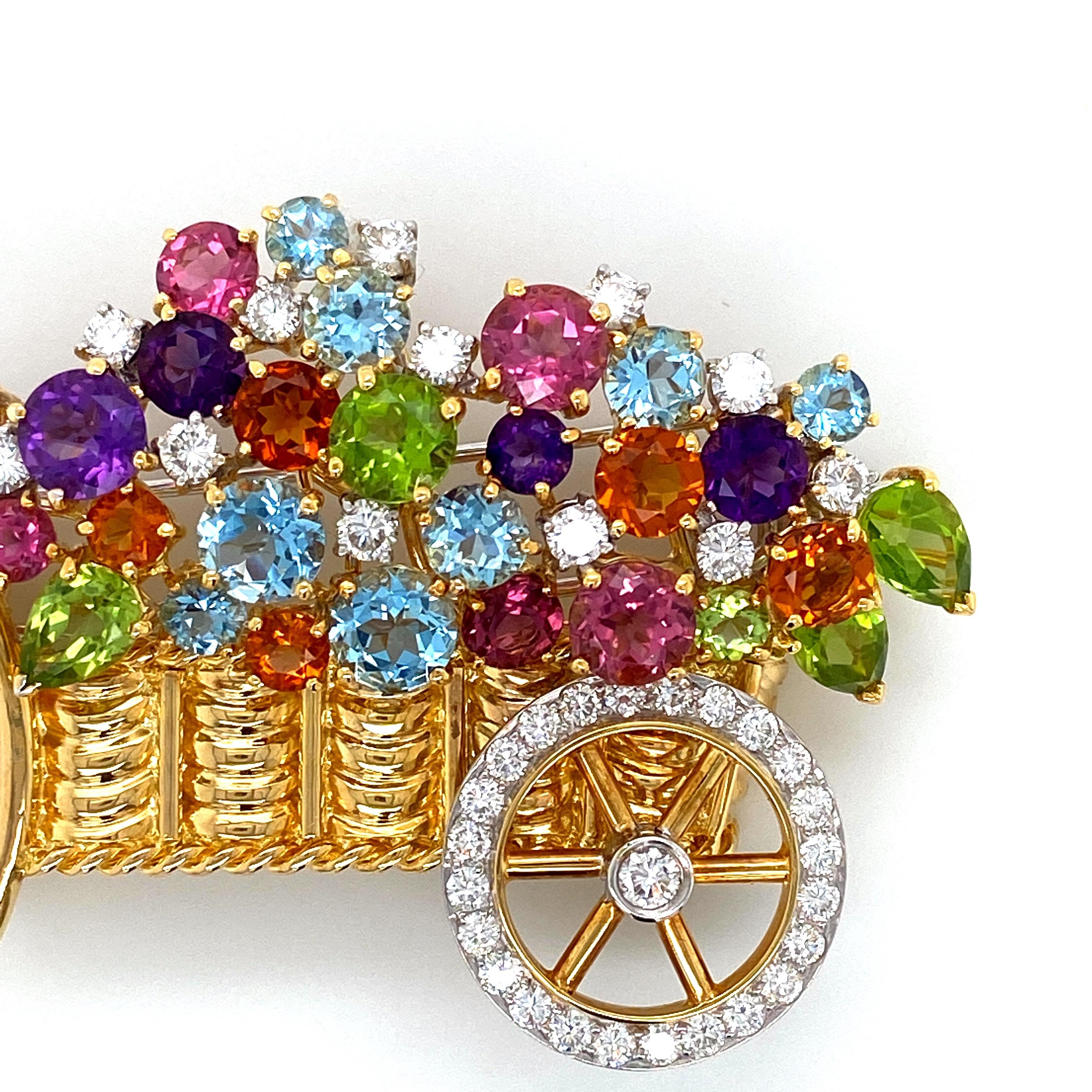Round Cut Multicolored Gemstones and Diamond Gold Brooch For Sale