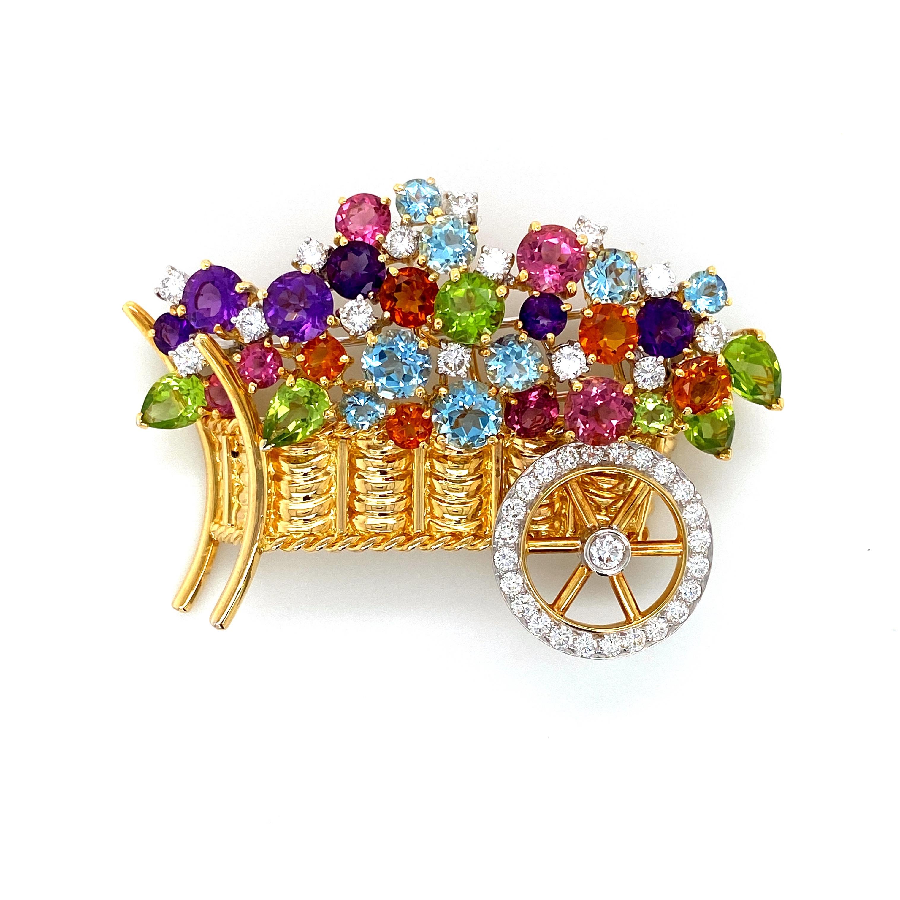 Women's or Men's Multicolored Gemstones and Diamond Gold Brooch For Sale