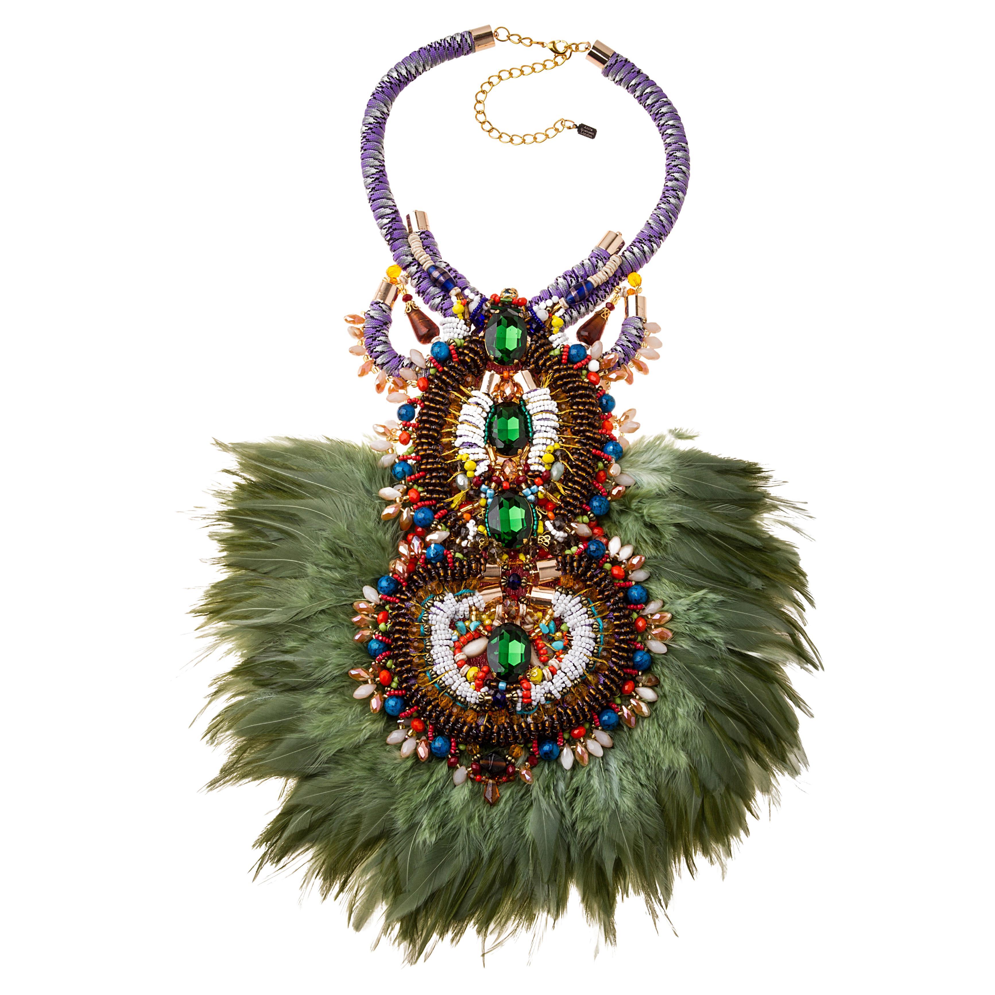 Multi-Coloured Glass Beaded and  Swarovski Crystal Feather Pendant Bib Necklace For Sale
