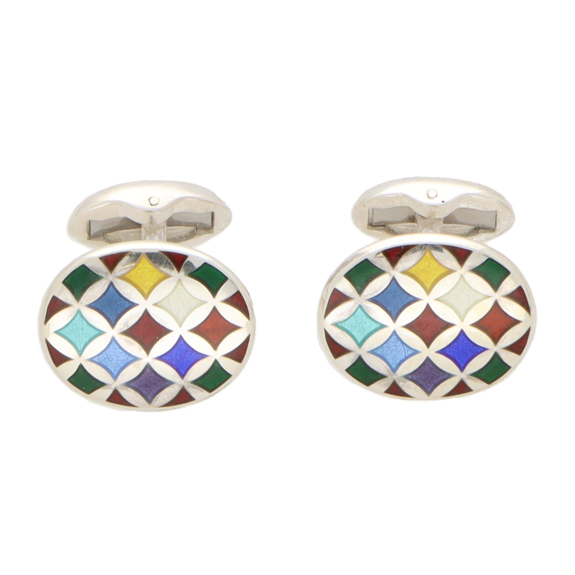 Modern Multi-Coloured Harlequin Style Swivel Back Cufflinks in British Sterling Silver For Sale
