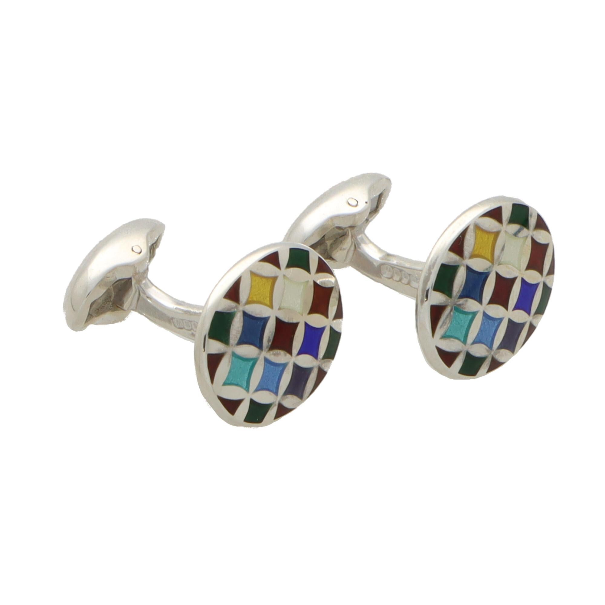 Multi-Coloured Harlequin Style Swivel Back Cufflinks in British Sterling Silver In New Condition For Sale In London, GB