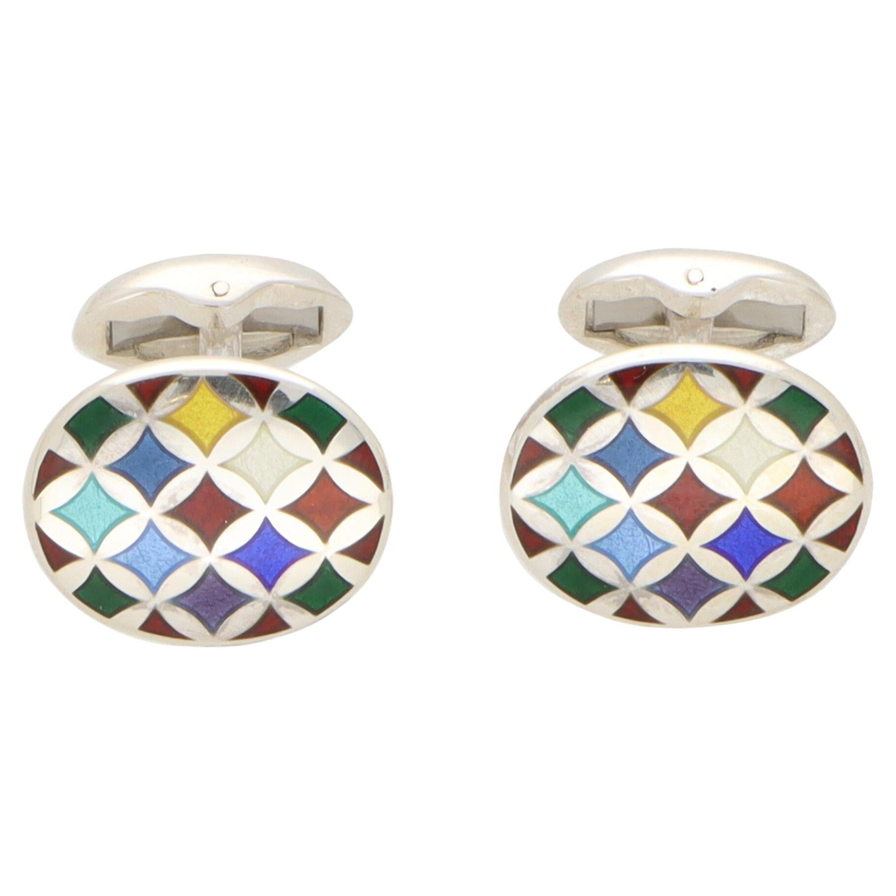 Multi-Coloured Harlequin Style Swivel Back Cufflinks in British Sterling Silver For Sale