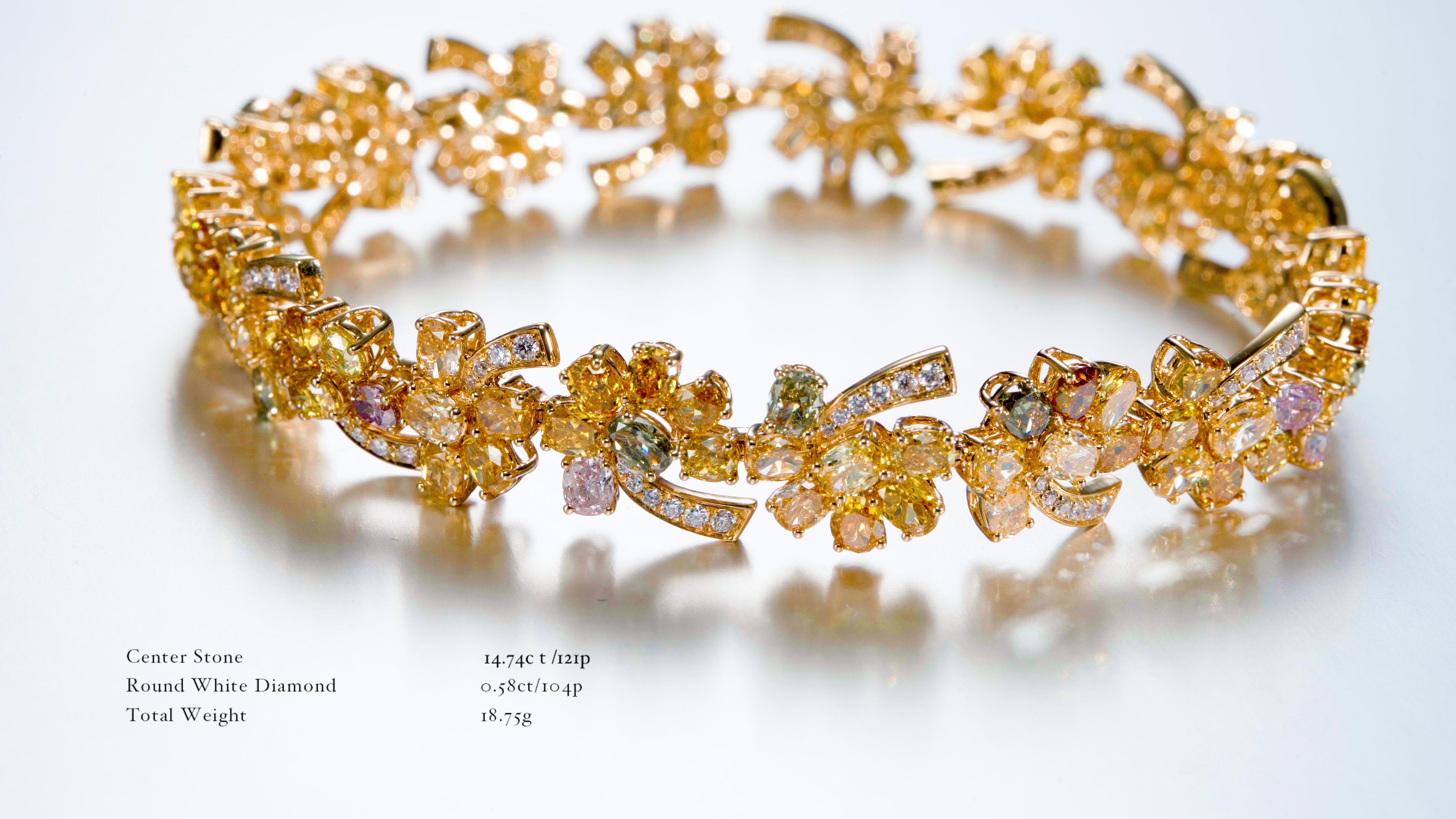 Dieser exquisite und einzigartige Ring besticht durch ein Kaleidoskop natürlicher Fancy-Diamanten in einer Vielzahl von Farben und Formen. Der runde weiße Diamant in der Mitte des eleganten 18-karätigen Goldbandes ist von einer Reihe von