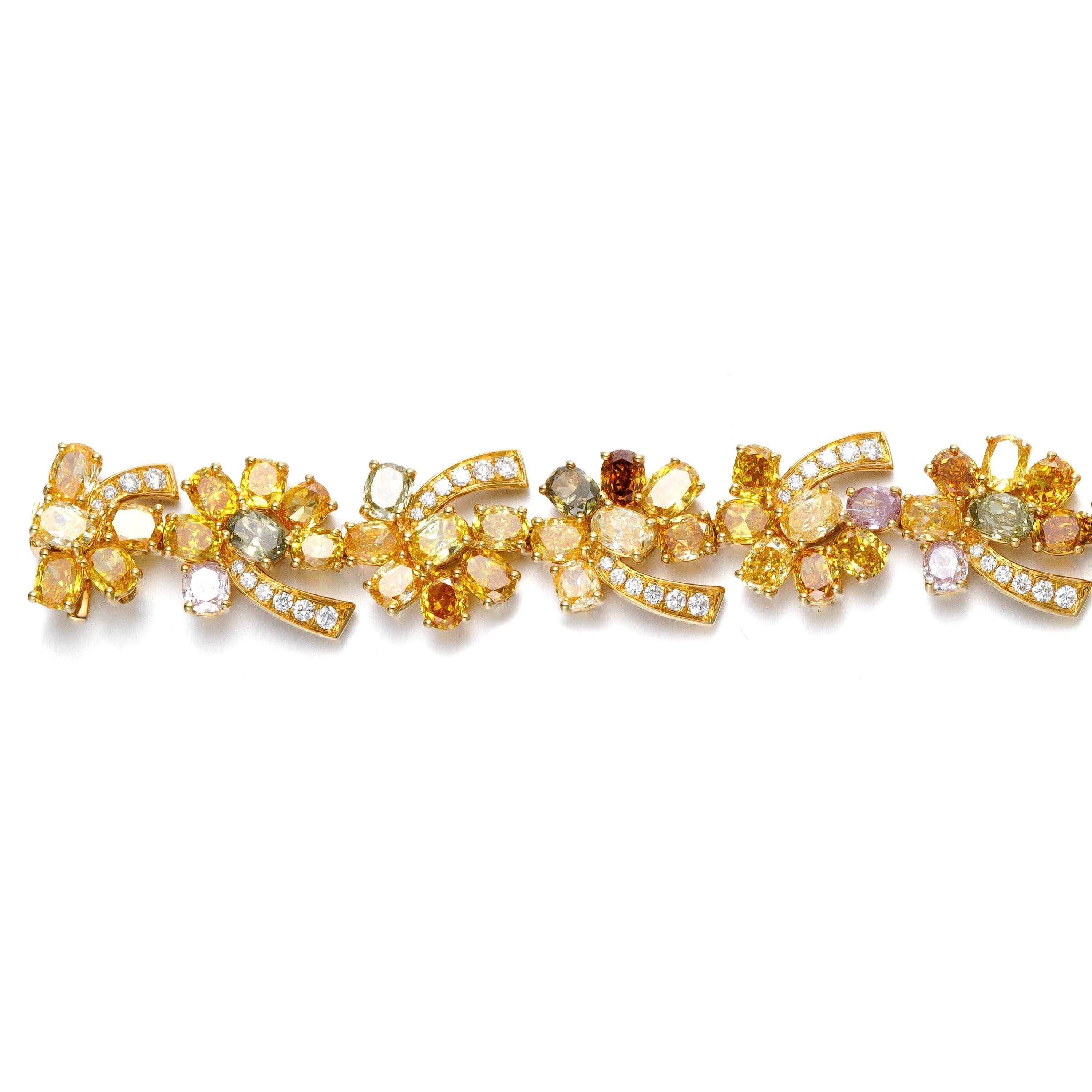 Women's Multi-coloured natural fancy diamond bracelet with mixed shape diamonds in 18KT For Sale