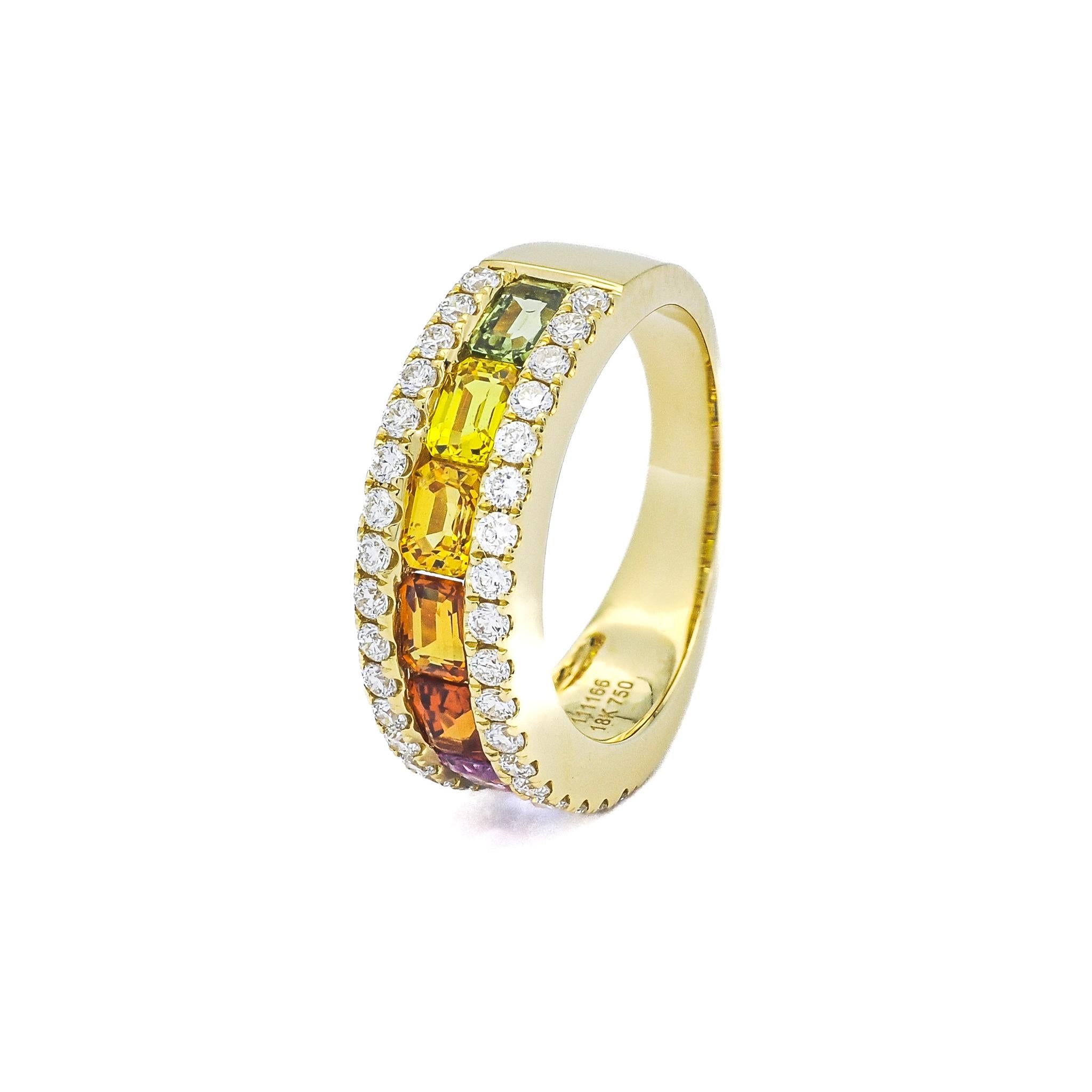 Multi Coloured Precious Sapphire 1.80 CT Natural Diamond 18KT Yellow Gold  Band For Sale 3