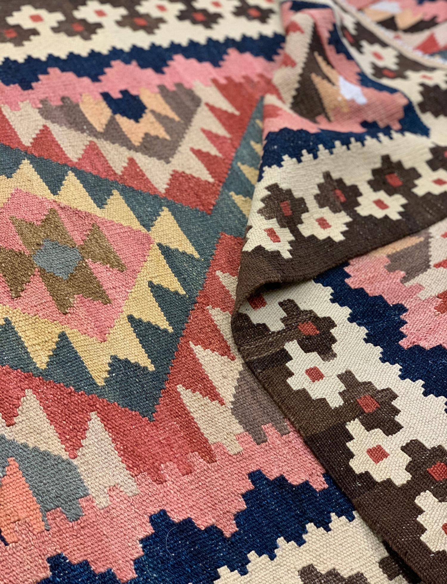 Multi-coloured Runner Rug Geometric Kilim Rug Blush Pink Stair Runner In Excellent Condition For Sale In Hampshire, GB