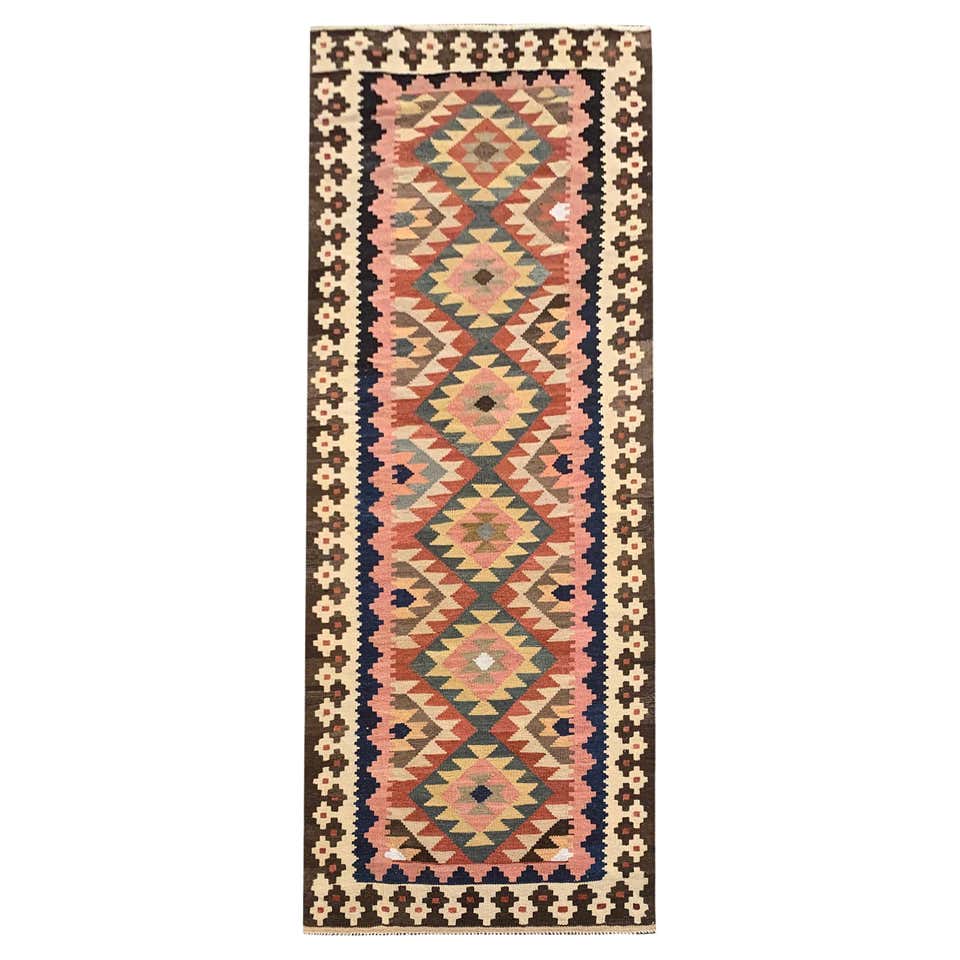 Country Style Runner Rug Vintage Oushak Style Runner Rug in Pink with Geometric Patterns from ...