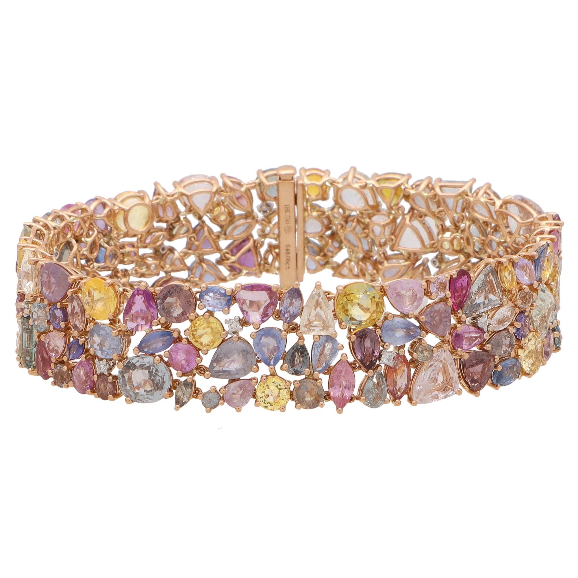 Women's or Men's Multi-Coloured Sapphire and Diamond Bracelet in 18k Rose Gold