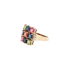Anello cocktail con zaffiro multicolore e diamanti a grappolo in oro giallo 9 carati