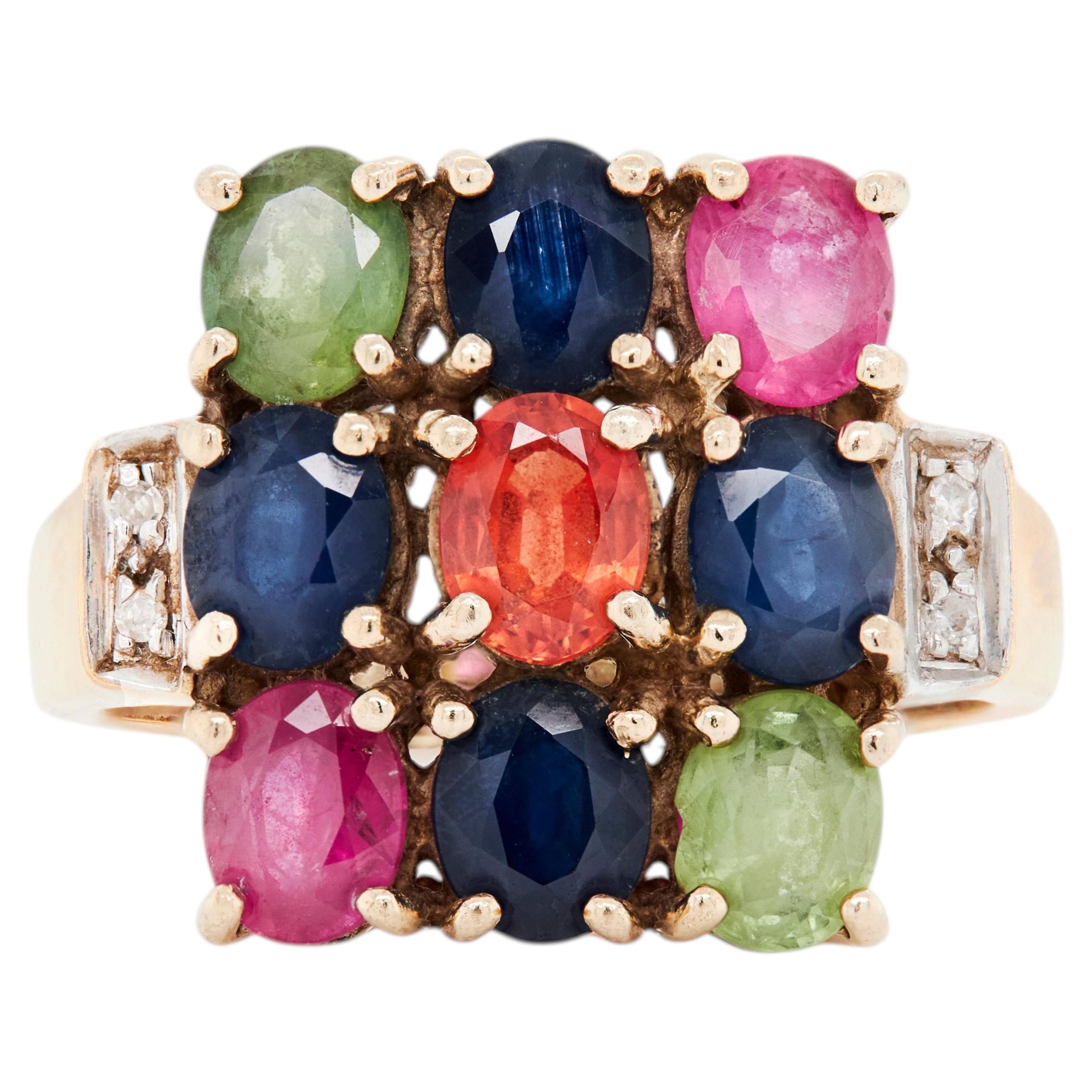 Multi-Coloured Sapphire and Diamond Cluster Cocktail Ring in 9 Carat Yellow Gold