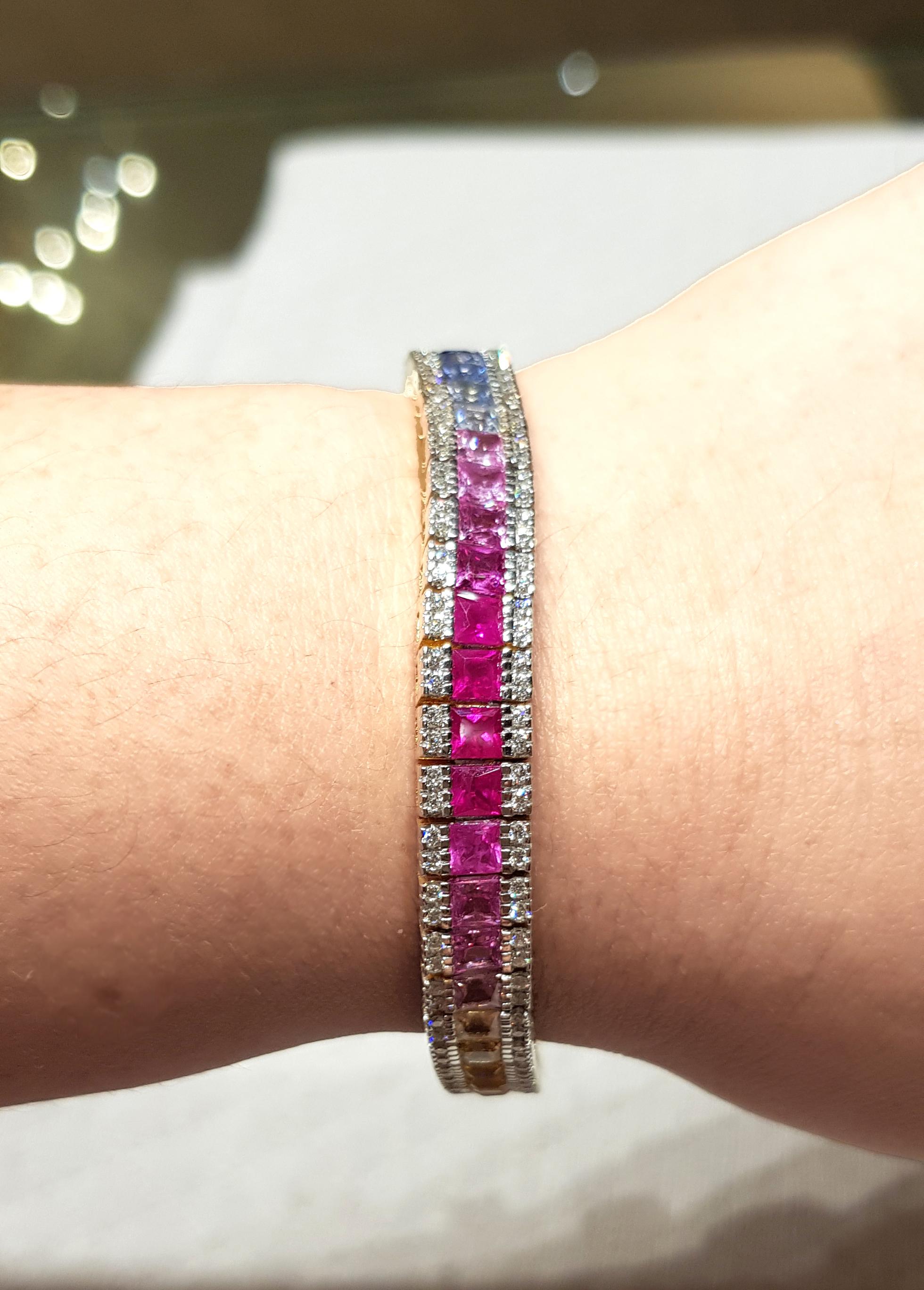 Princess Cut Multicolored Sapphire with Diamond 2.03 Carat Bracelet in 18 Karat Gold For Sale
