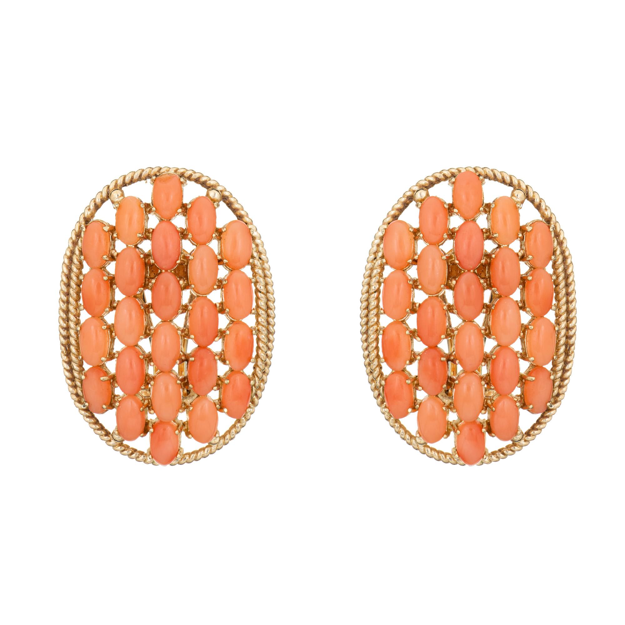 Modern Multi Coral Earrings Vintage Large Oval 14k Yellow Gold Estate Fine Jewelry For Sale