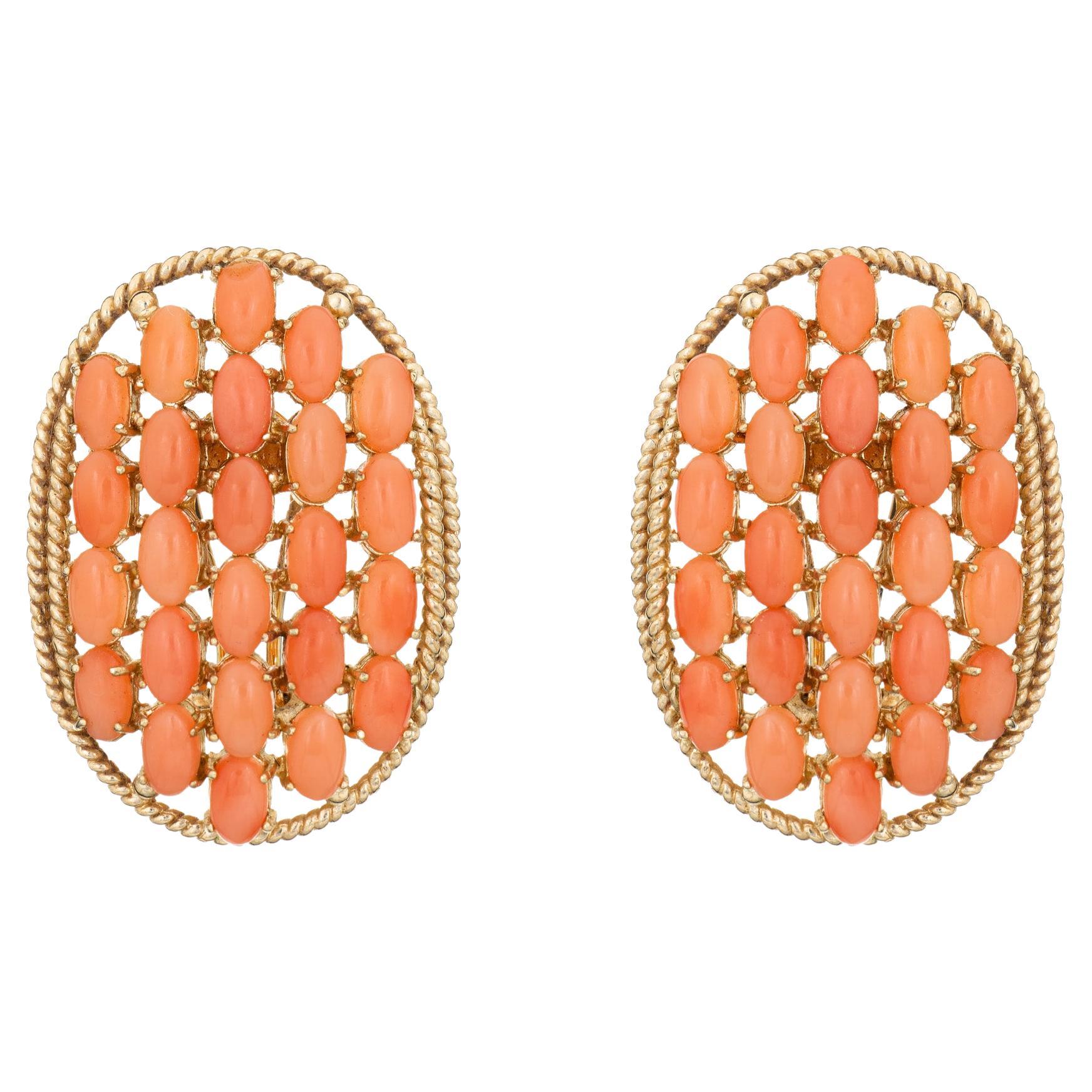 Boucles d'oreilles Multi Coral Vintage Large Oval 14k Yellow Gold Estate Fine Jewelry
