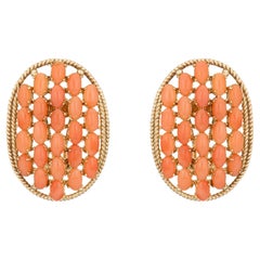 Multi Coral Earrings Vintage Large Oval 14k Yellow Gold Estate Fine Jewelry