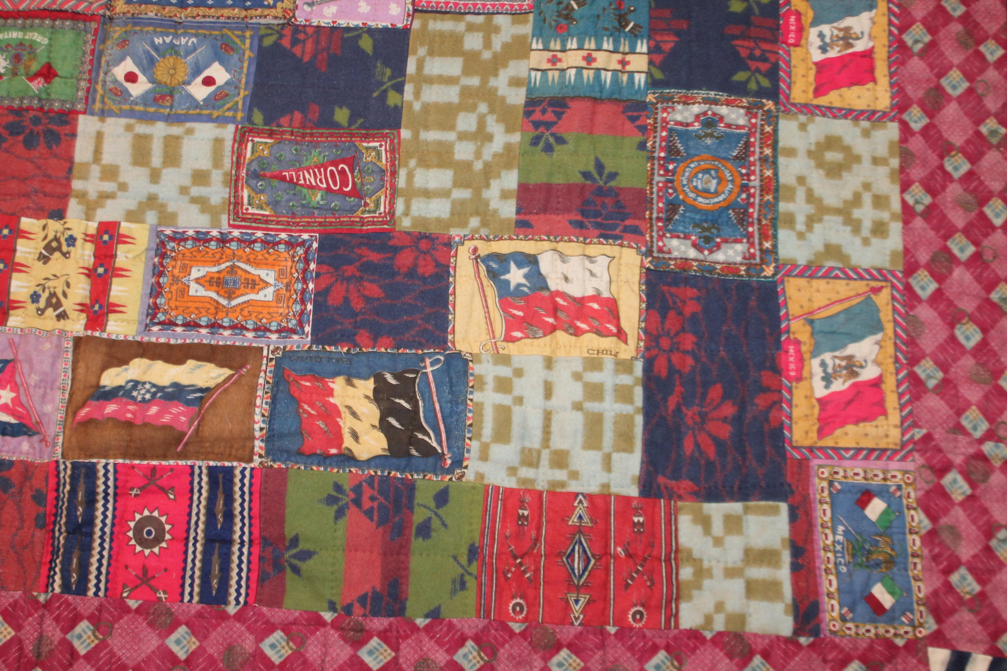 Multi-Country Flag Flannel Quilt with Indian Blanket Trim 2